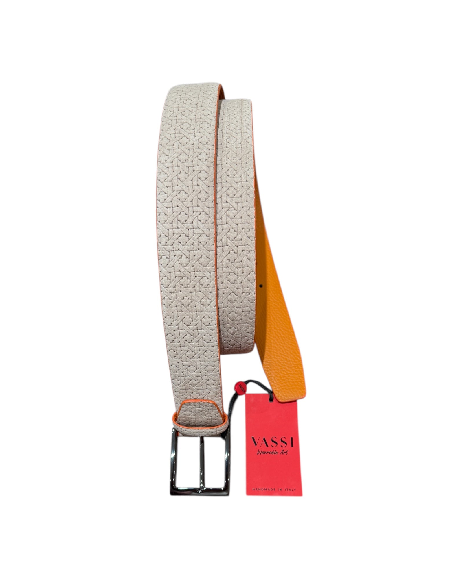 Nubuck Valf Leather Belt with Vienna Embossing - Beige/Orange BELTS44