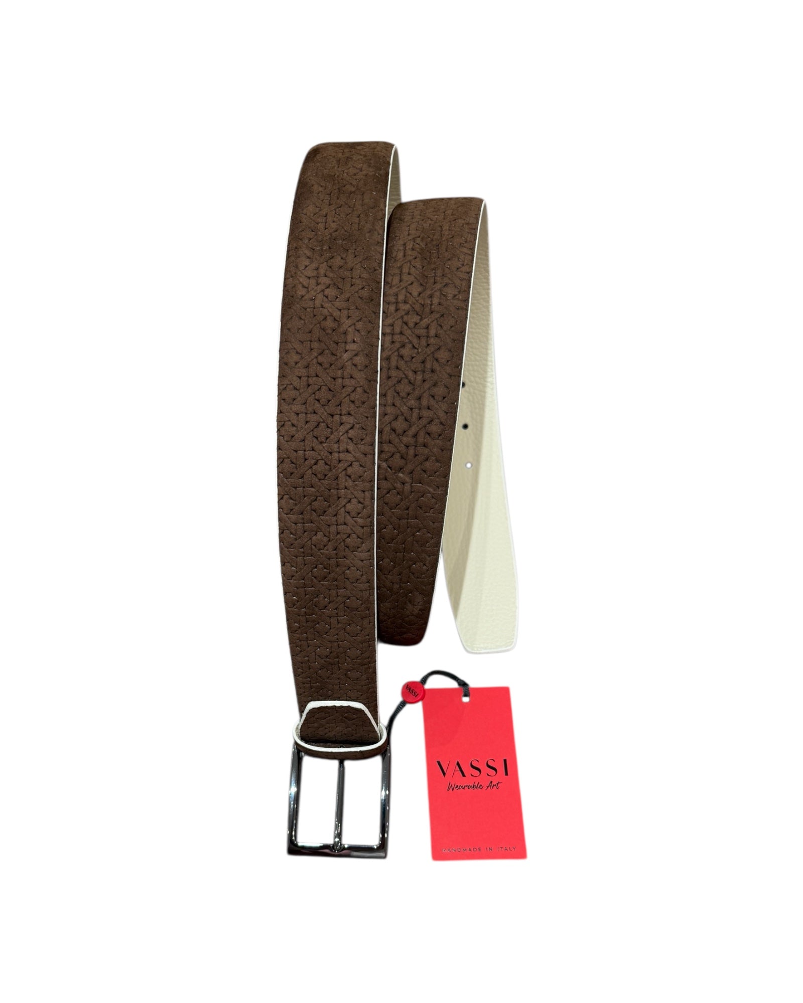Nubuck Valf Leather Belt with Vienna Embossing - Chocolate/Iceberg BELTS44
