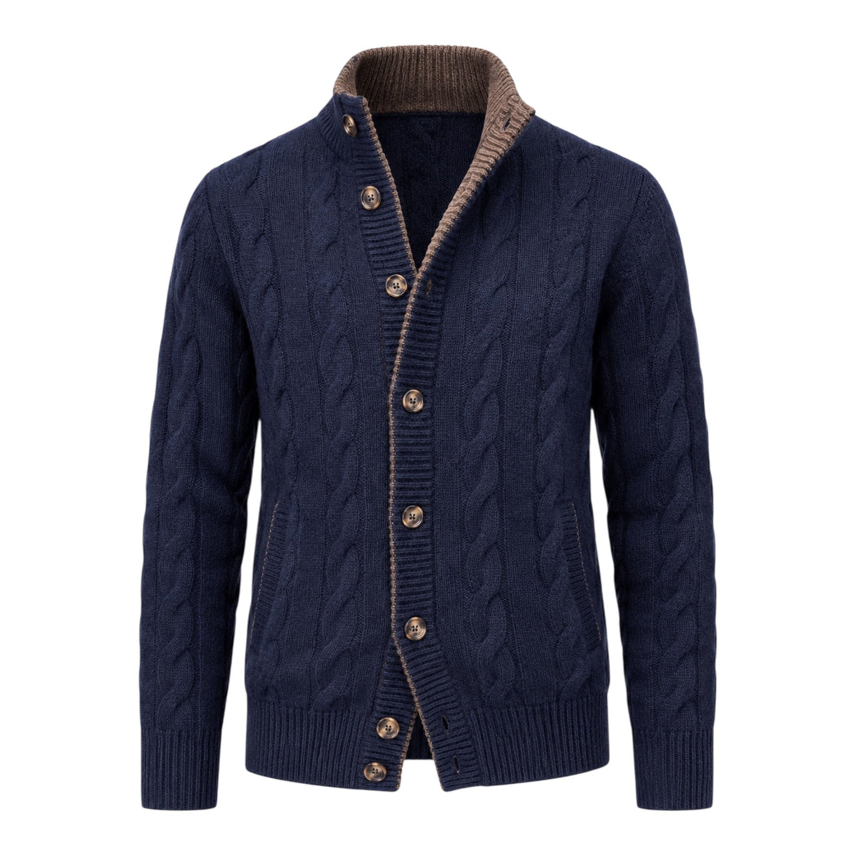 Pure Cashmere Cable Knit Navy Cardigan with Horn Buttons SWEATERS50 EU