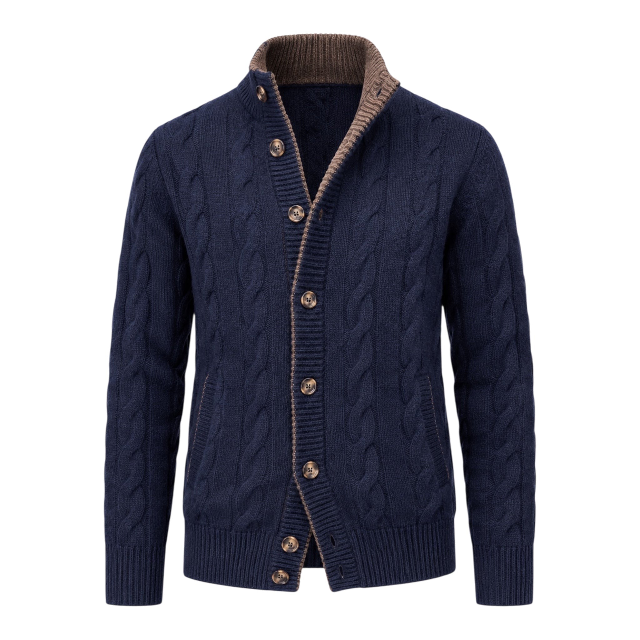 Pure Cashmere Cable Knit Navy Cardigan with Horn Buttons SWEATERS50 EU