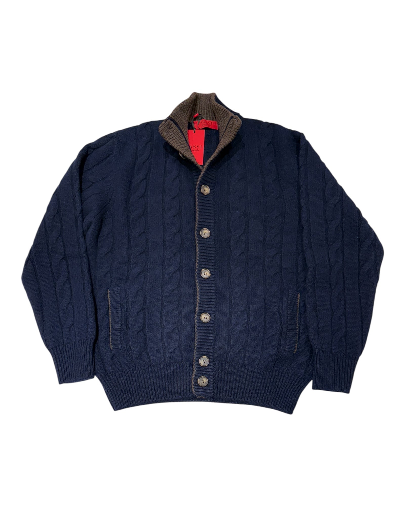 Pure Cashmere Cable Knit Navy Cardigan with Horn Buttons SWEATERS50 EU