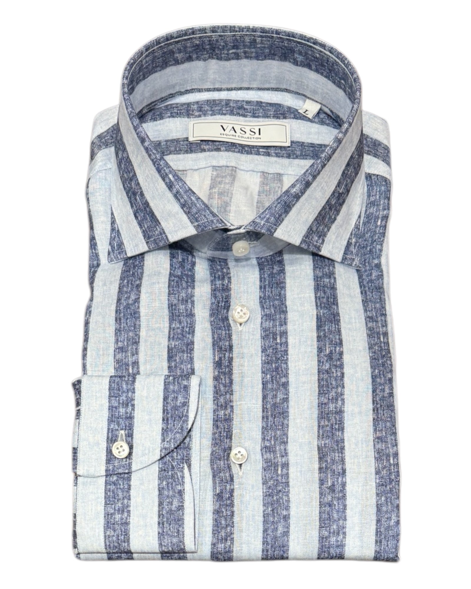 Pure linen, Bold Striped Sport Shirt. Blue/Navy SPORT SHIRTSM