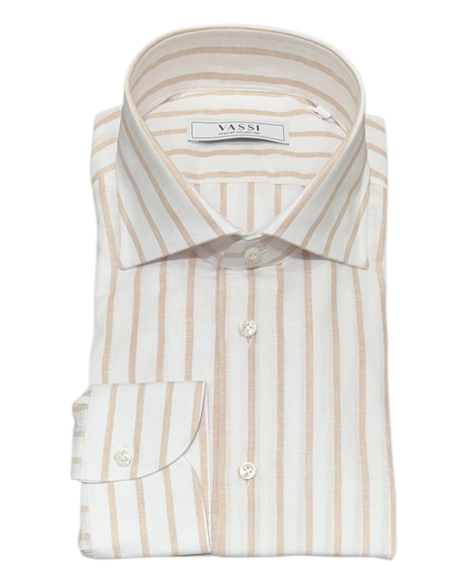 Pure linen, Striped Sport Shirt. White/Taupe SPORT SHIRTSM