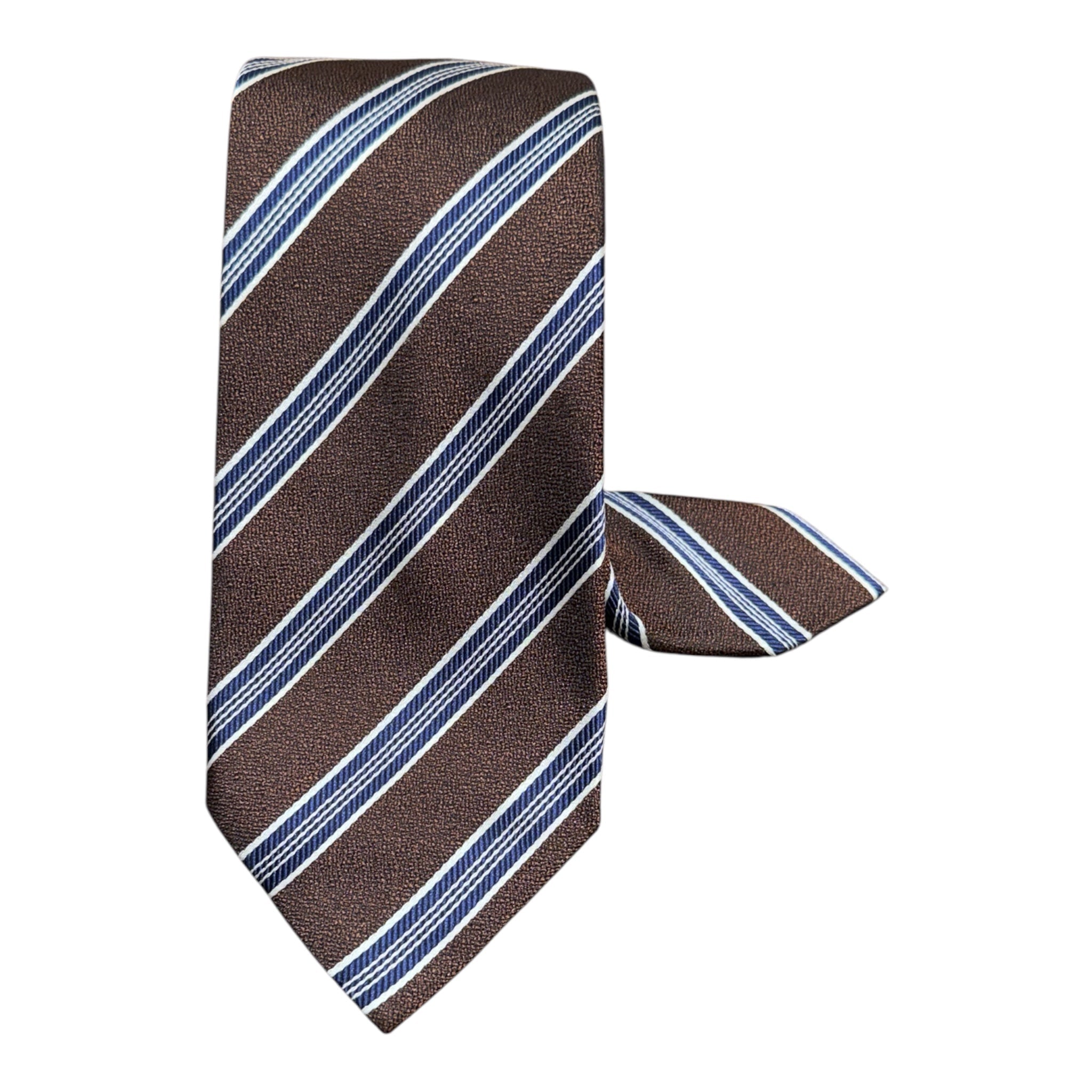 Stripe Seven Fold Silk Tie - Brown/Navy TIES