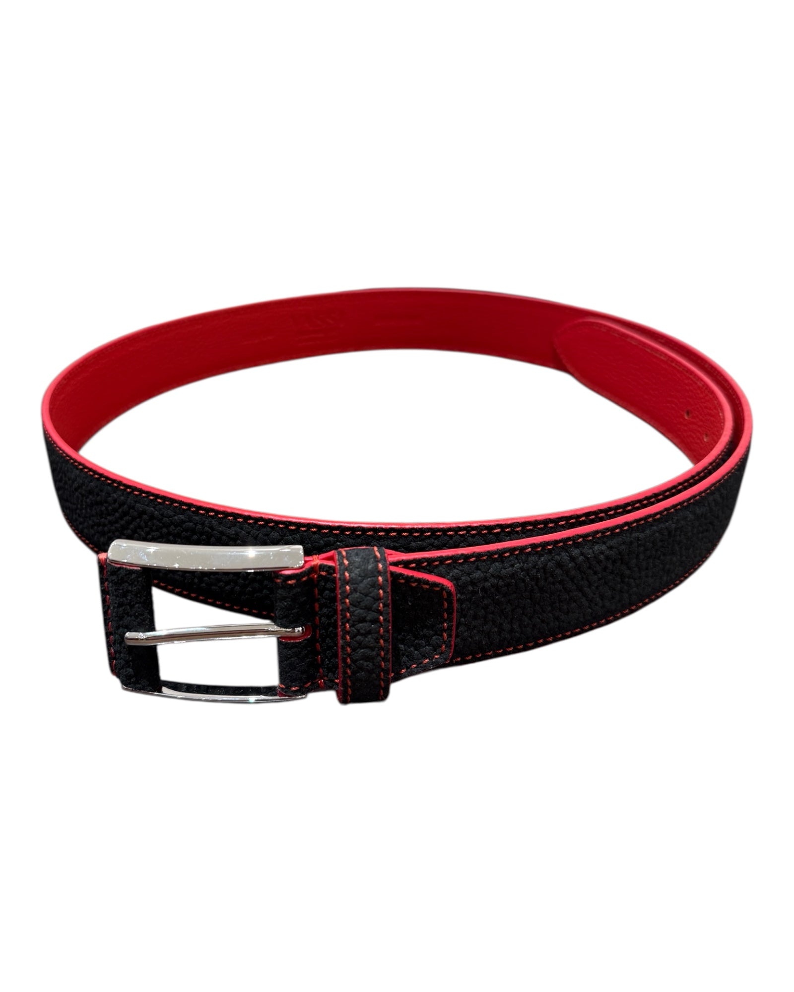 Suede Belt with Elephant Embossing & Hand Covered Buckle - Black/Red BELTS44