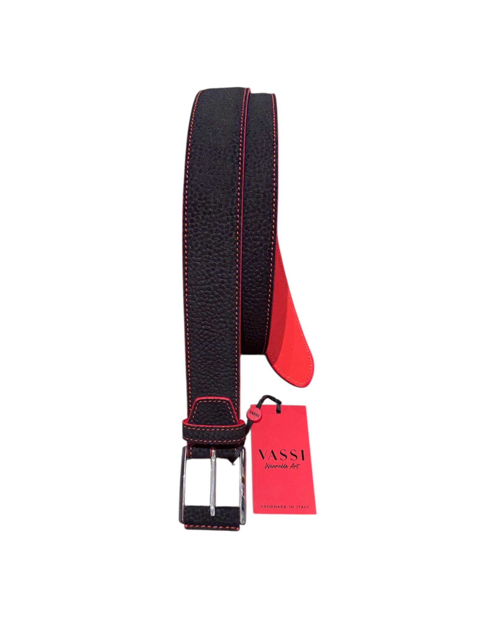 Suede Belt with Elephant Embossing & Hand Covered Buckle - Black/Red BELTS44