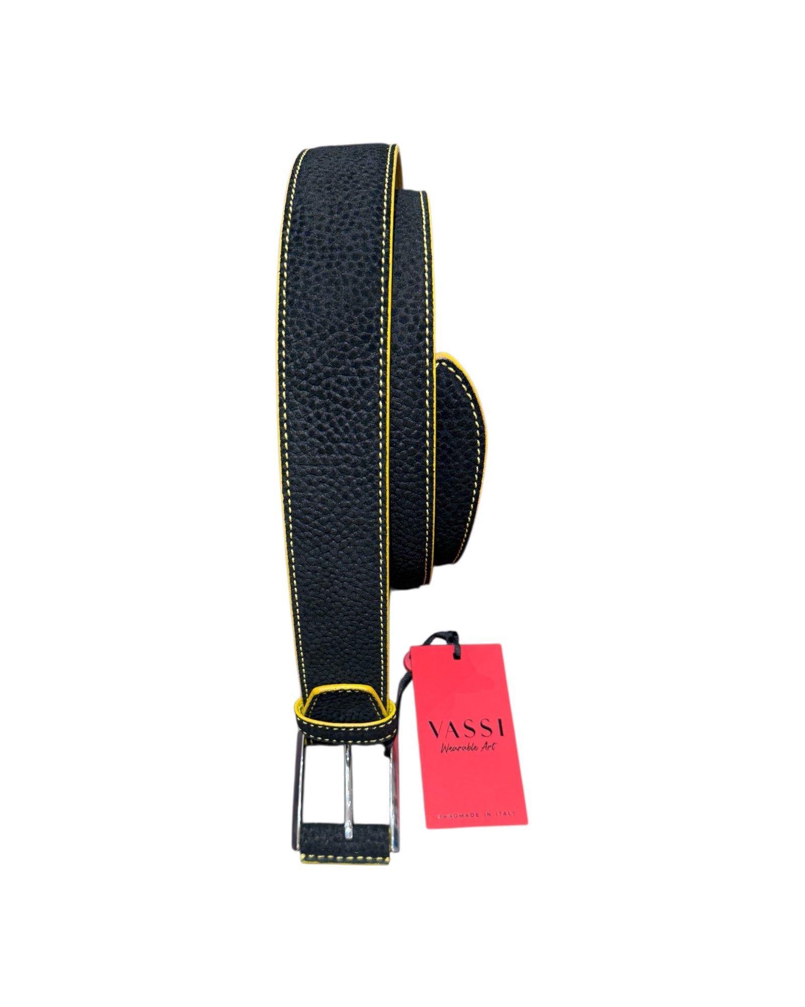 Suede Belt with Elephant Embossing & Hand Covered Buckle - Black/Yellow BELTS44