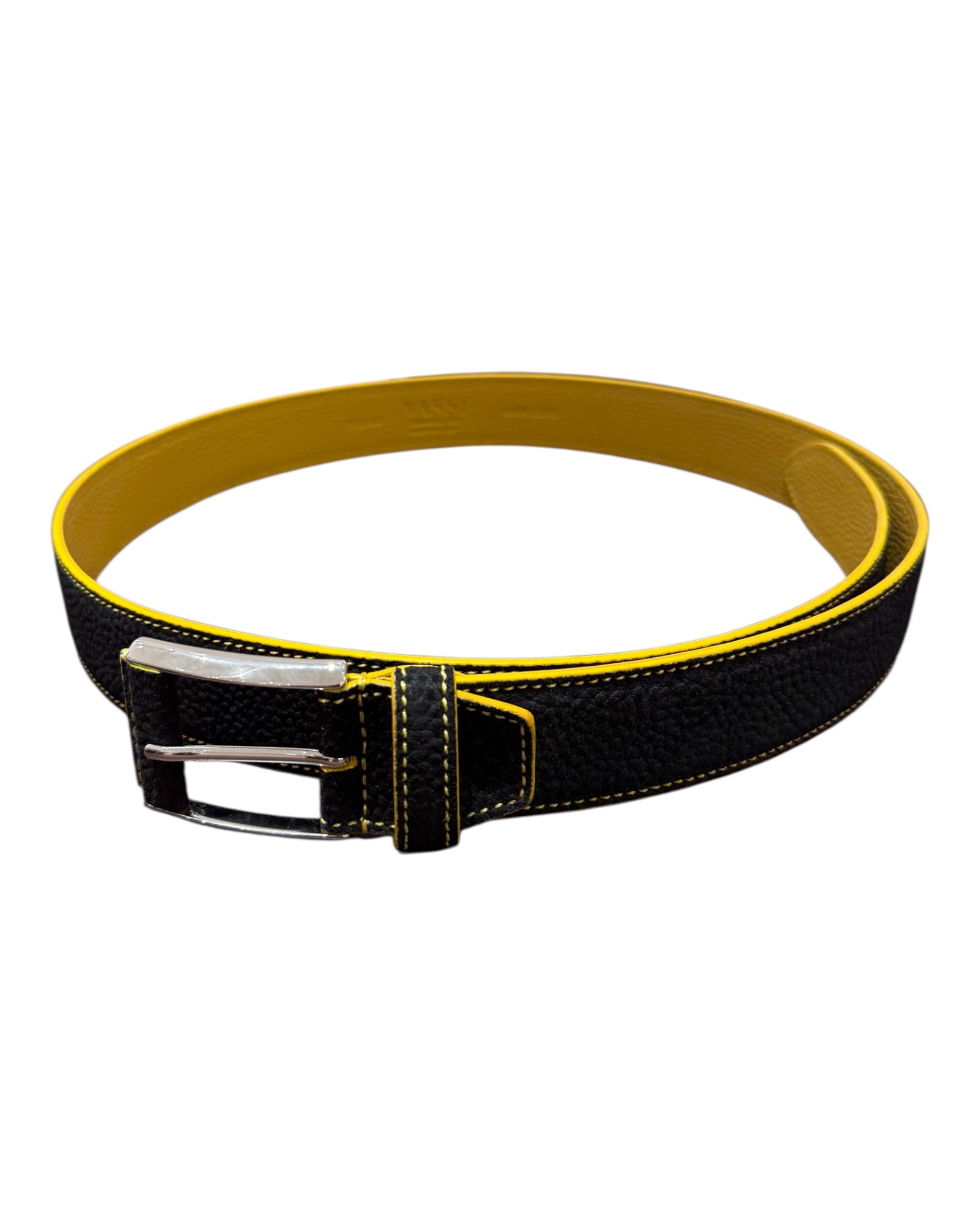 Suede Belt with Elephant Embossing & Hand Covered Buckle - Black/Yellow BELTS44