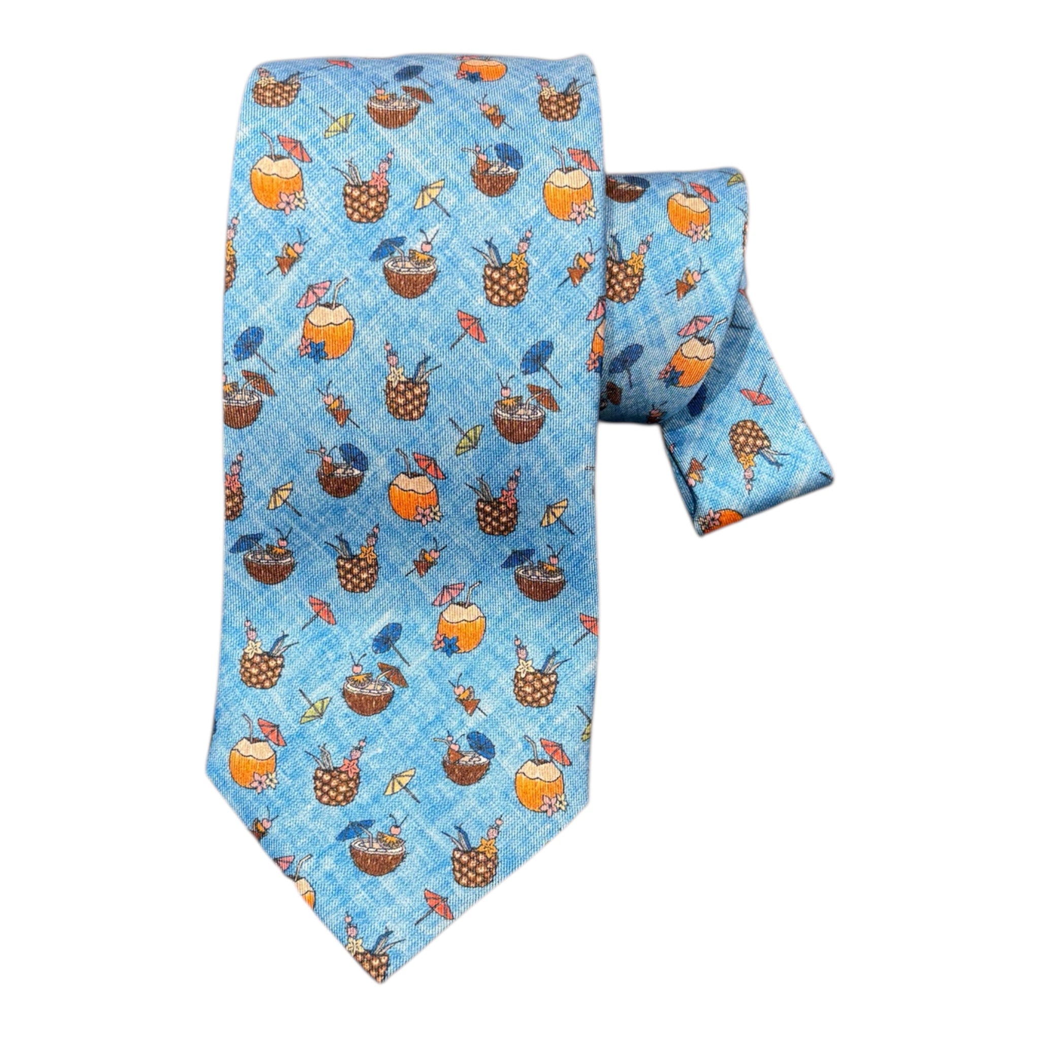 Tropical Cocktail Print Seven Fold Silk Tie - Blue TIES