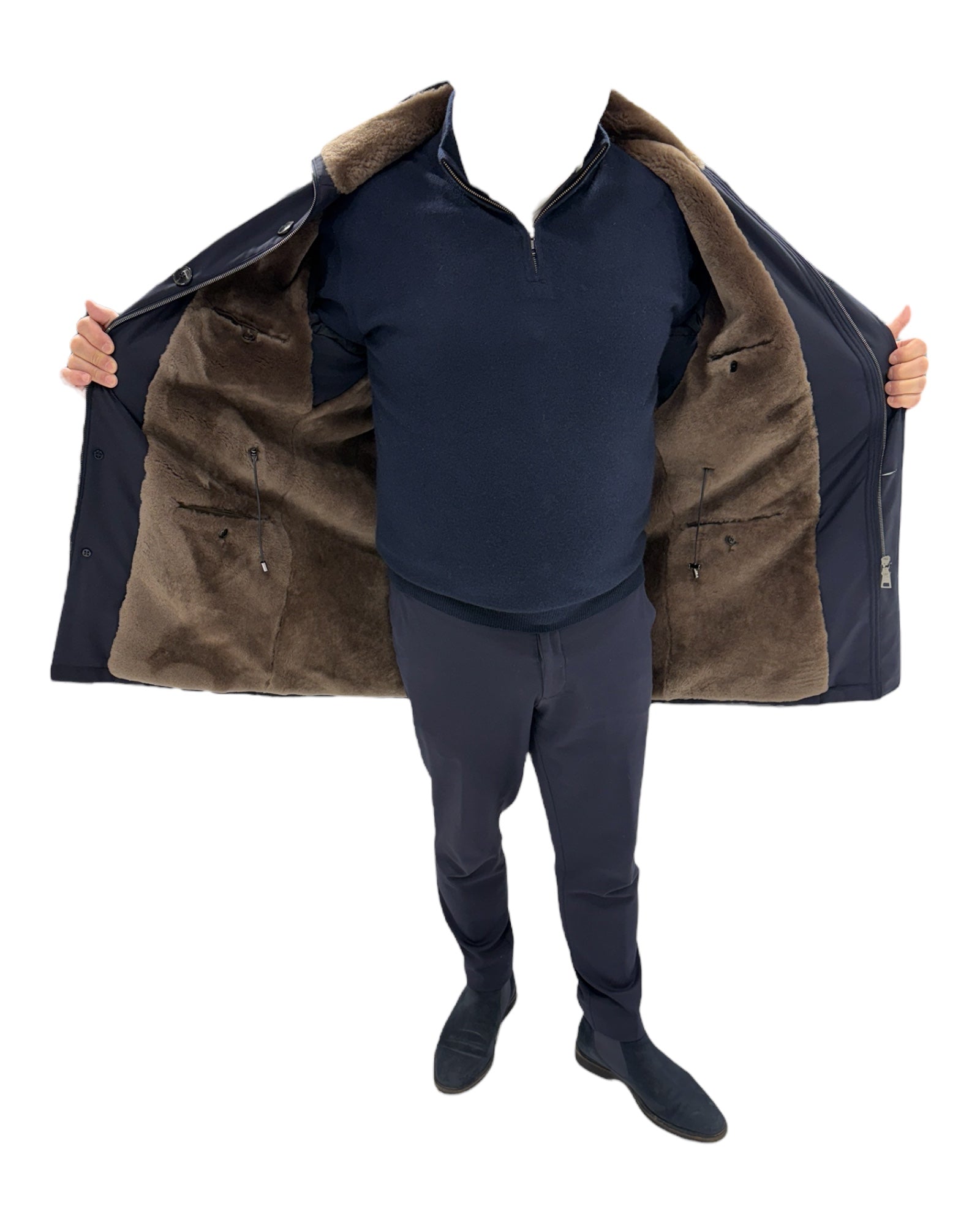 VASSI 3/4 Coat Loro Piana Storm System™ with Shearling Lining - Midnight Blue OUTERWEAR50 EU