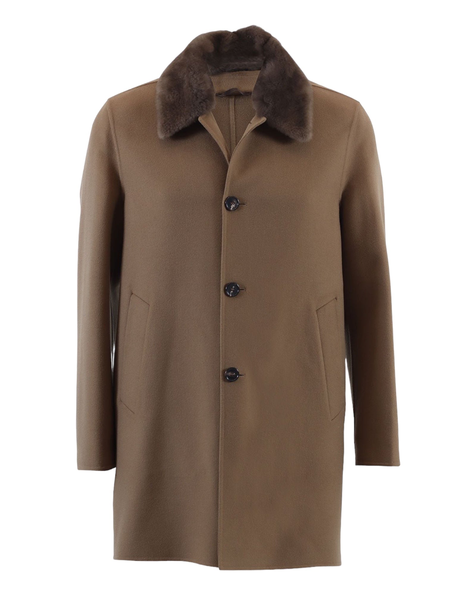 Cashmere &amp; Wool Coat with Removable  Nutria Collar - Camel