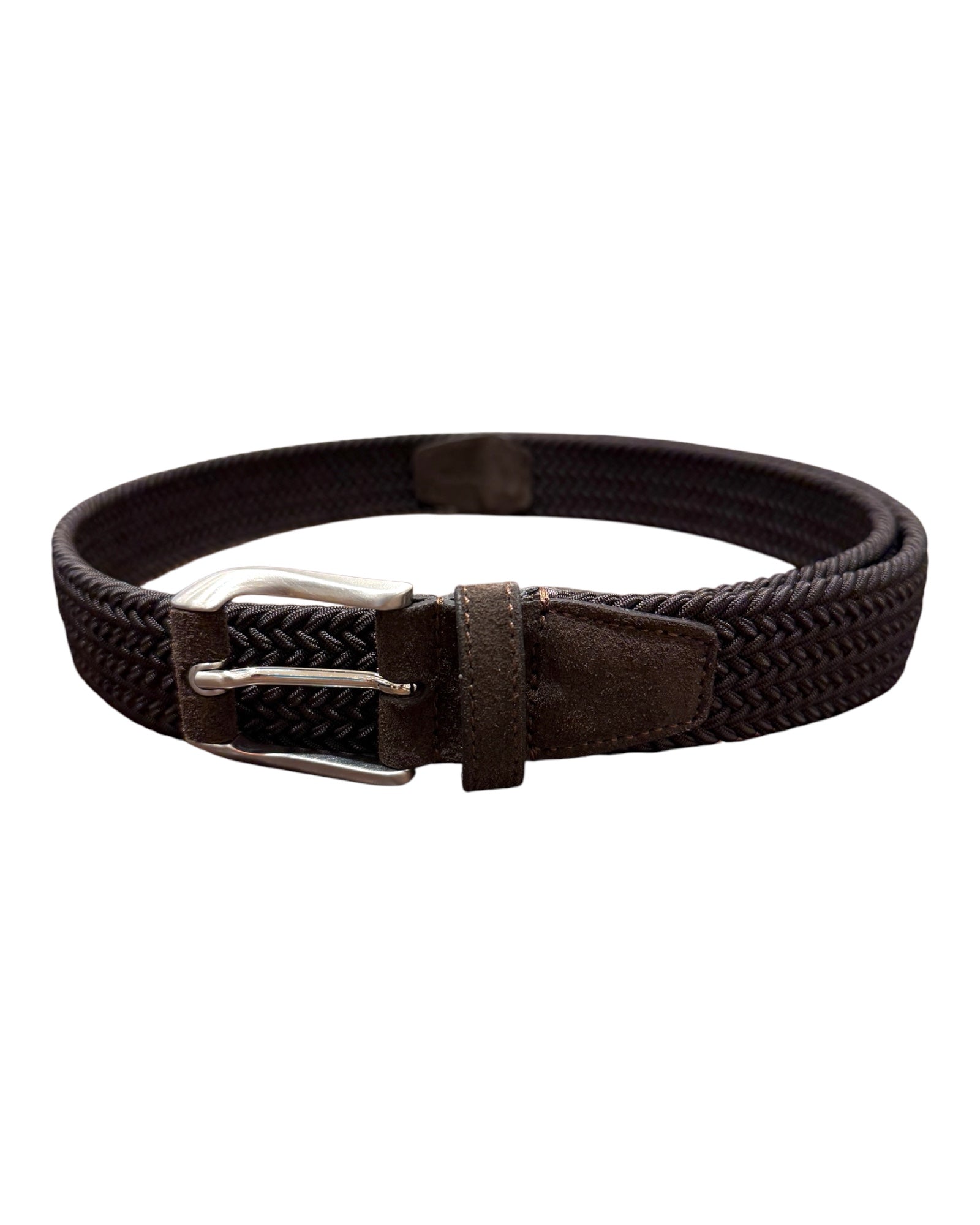 Elastic Braided Belt with Hand Covered Leather Buckle - Chocolate