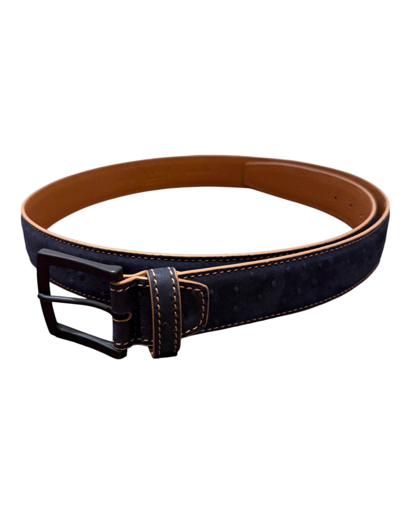 Nubuck Leather Belt with Embossed Ostrich-Print - Navy