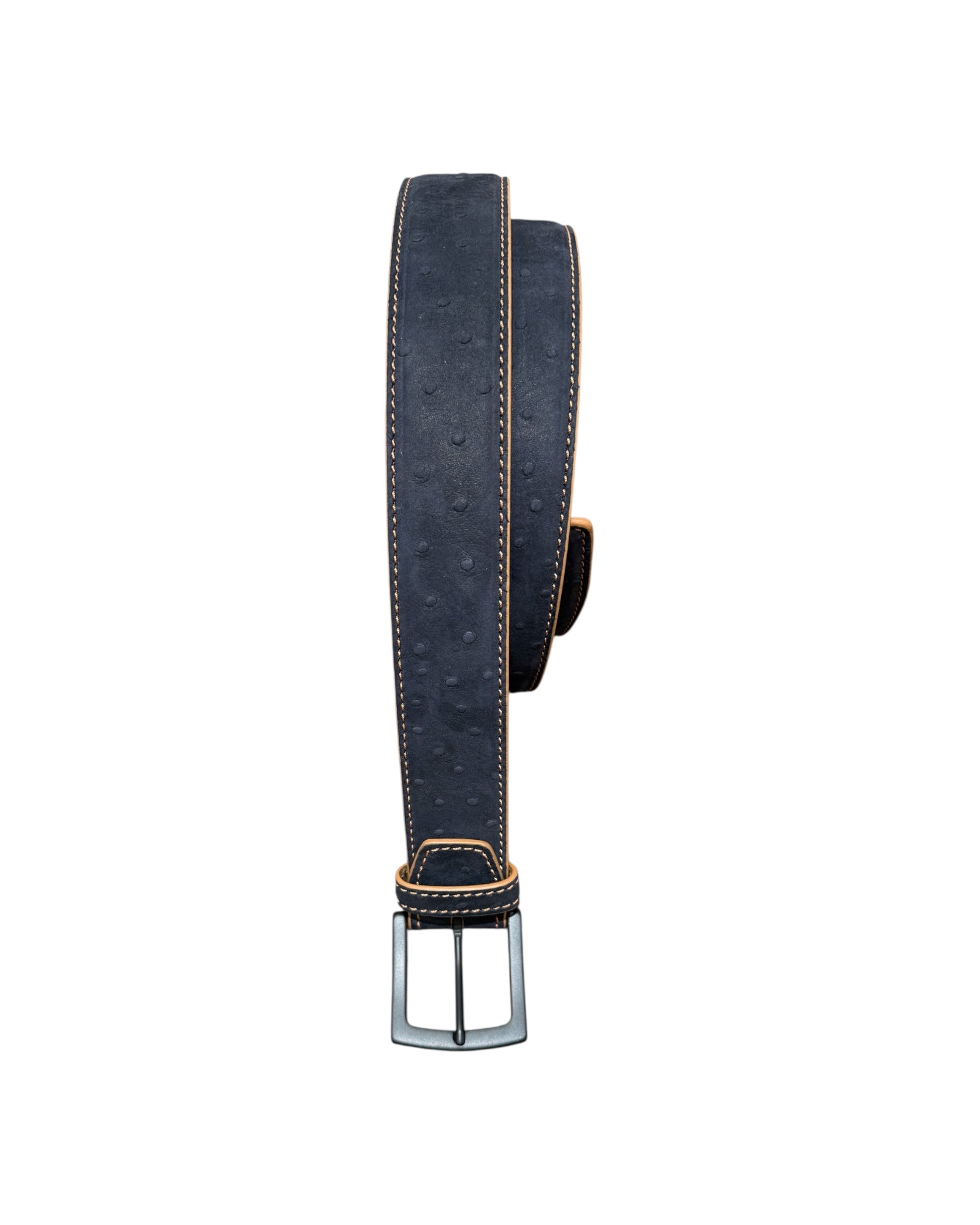 Nubuck Leather Belt with Embossed Ostrich-Print - Navy