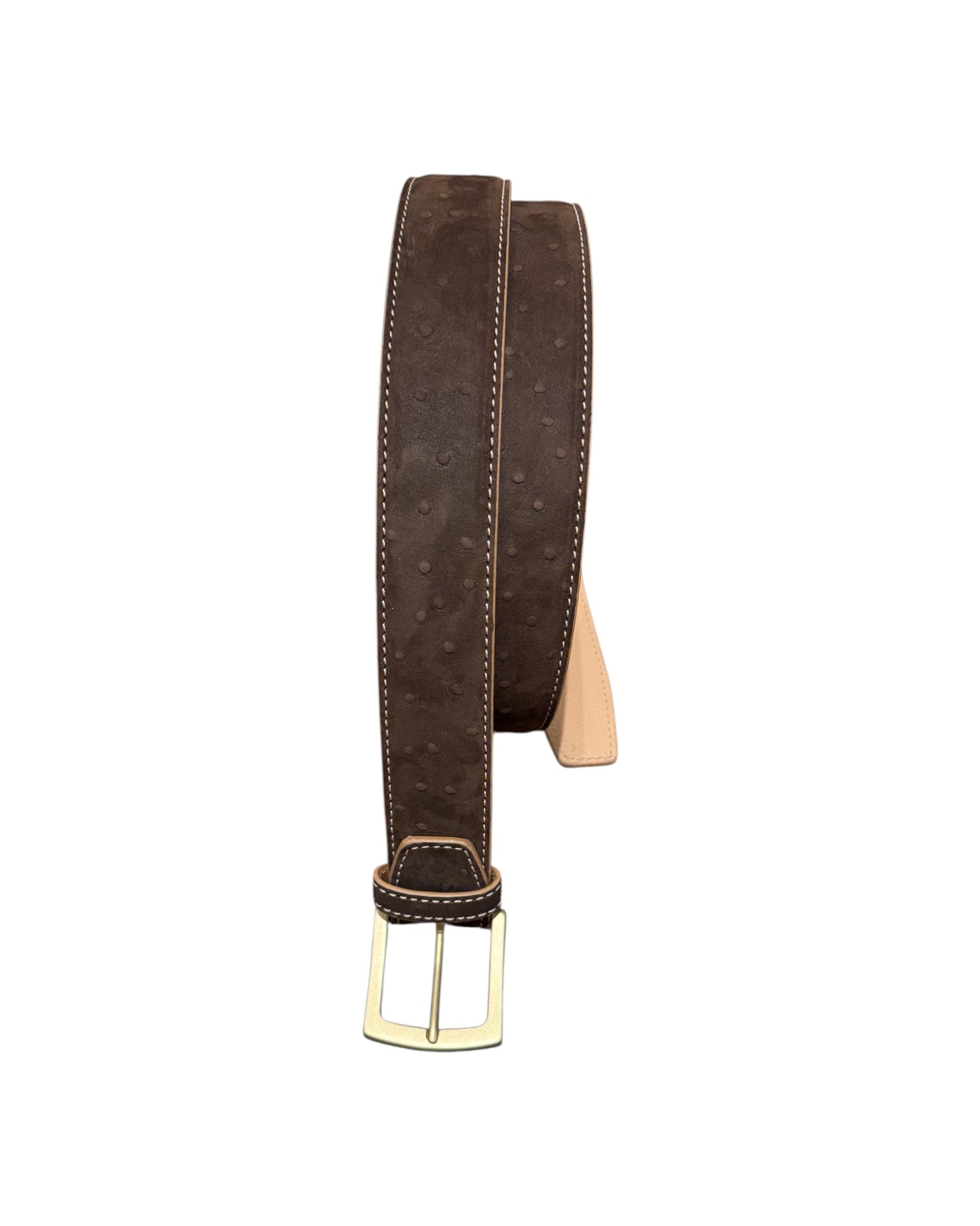 Nubuck Leather Belt with Embossed Ostrich-Print - Brown
