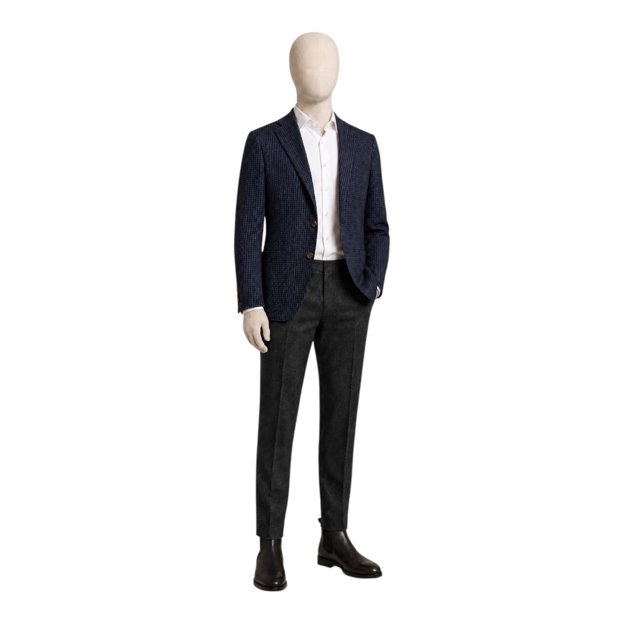 Navy Blue Houndstooth Jersey Blazer - Loro Piana Wool Attitude