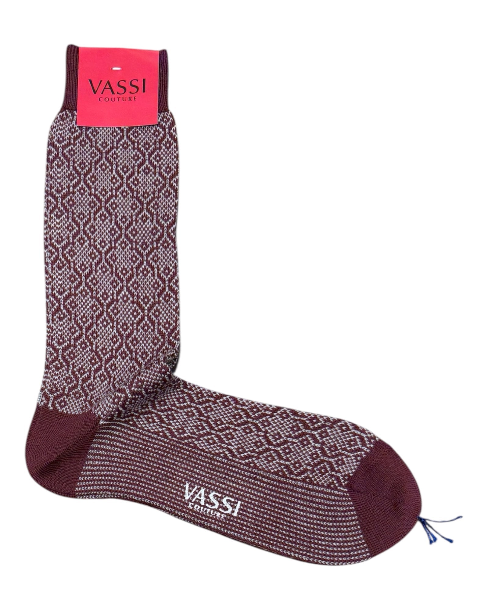 Vintage Merino Wool Socks with Diamond Pattern - Burgundy Socks