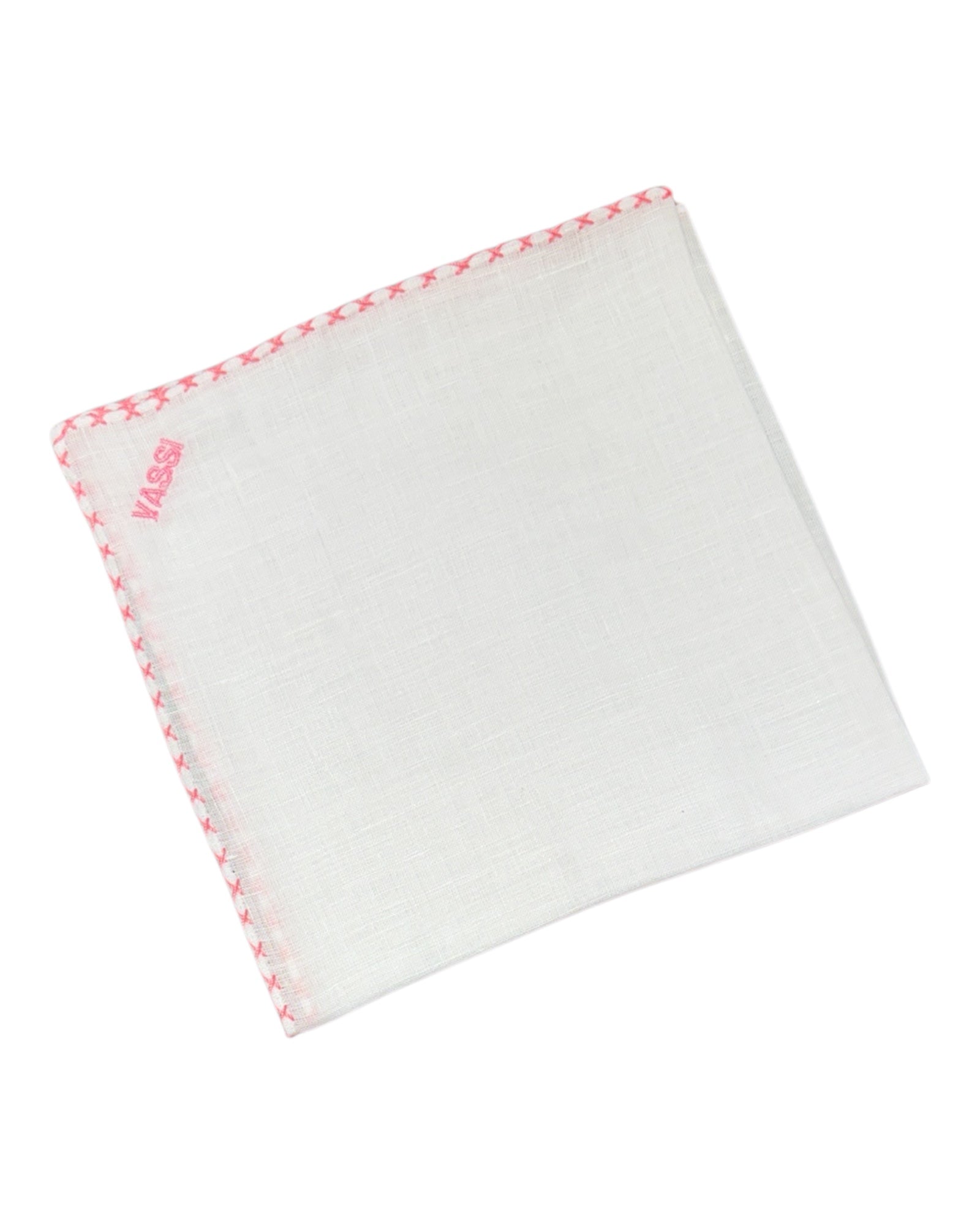 White Linen Pocket Square With Handrolled Triple V - Stitch Pocket SquarePink