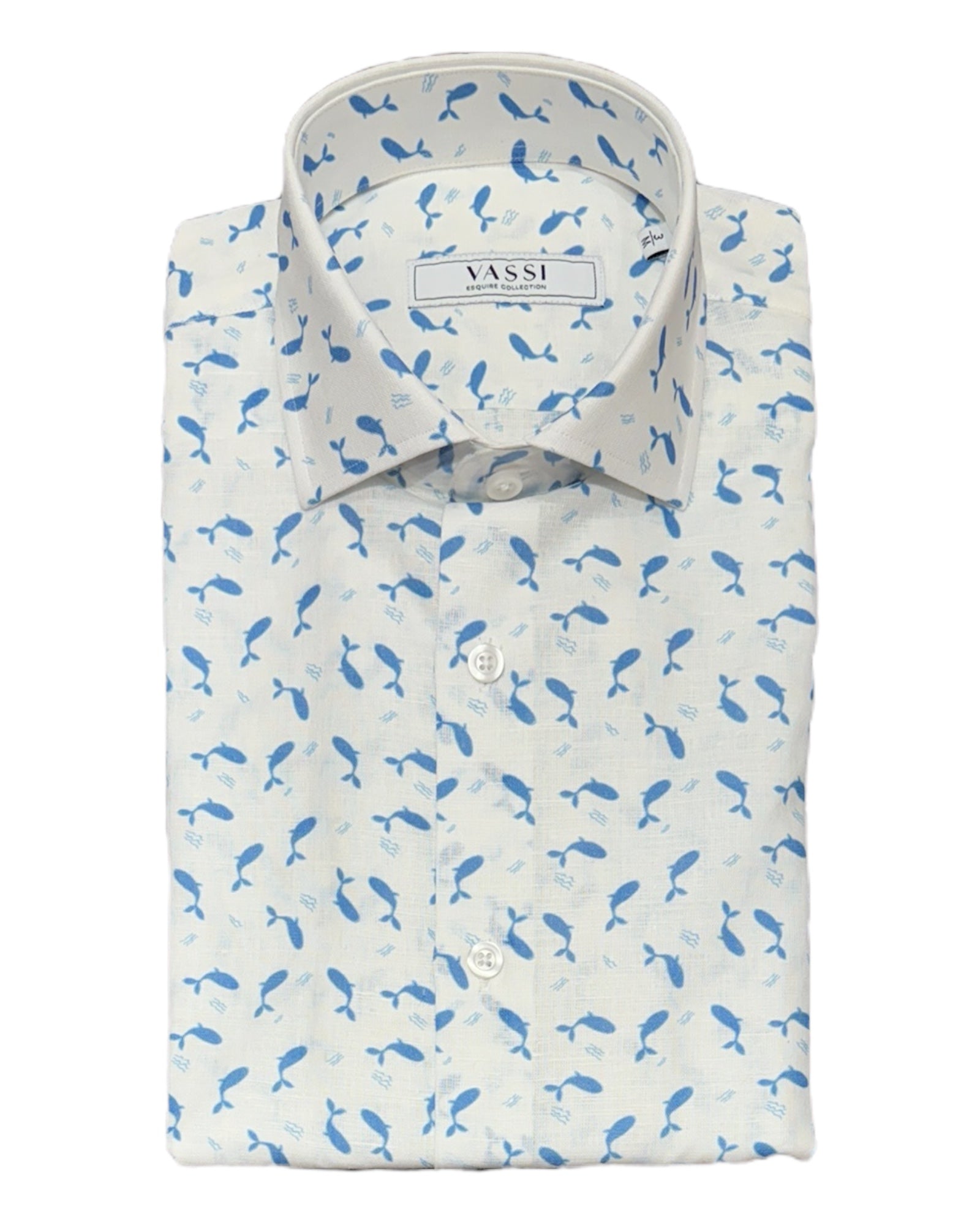 White Linen Sport Shirt With Blue Whales SPORT SHIRTSM