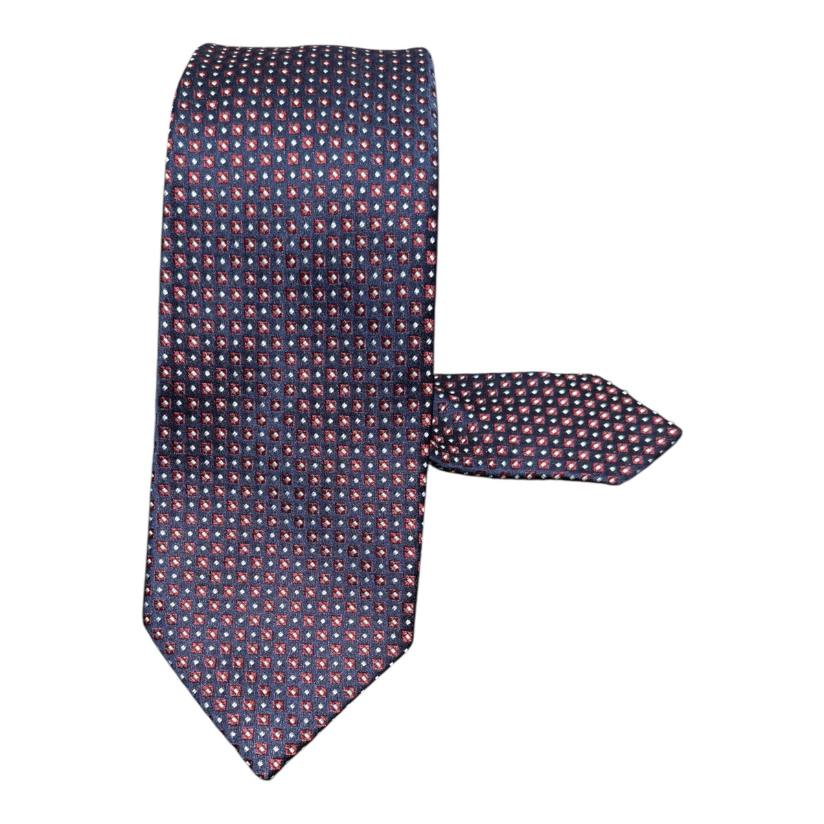 Woven Geometric Seven Fold Silk Tie - Navy/Burgundy TIES