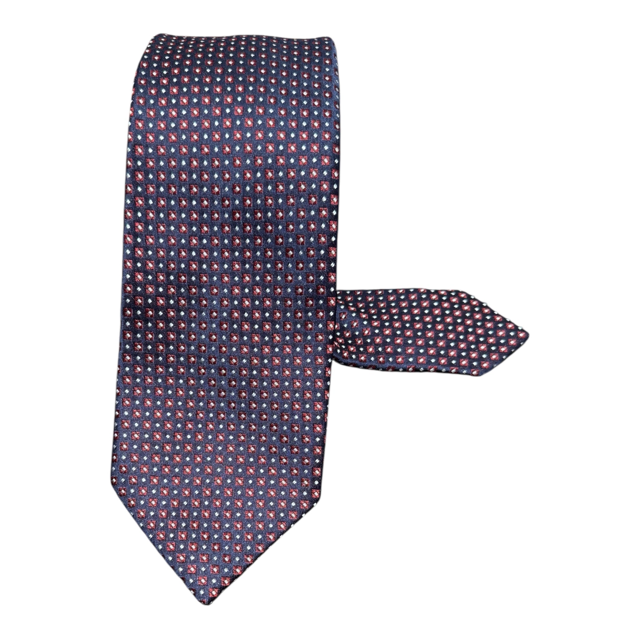 Woven Geometric Seven Fold Silk Tie - Navy/Burgundy TIES