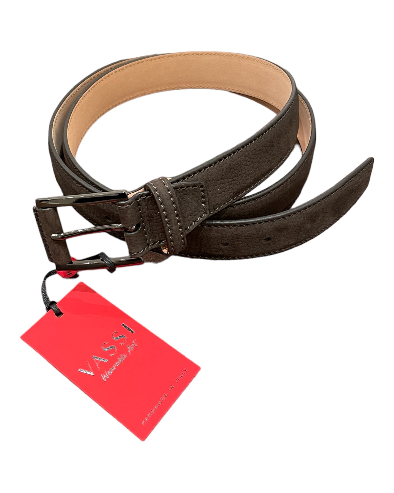 Calf Nubuck Leather Belt - Brown, Silver Buckle BELTS46