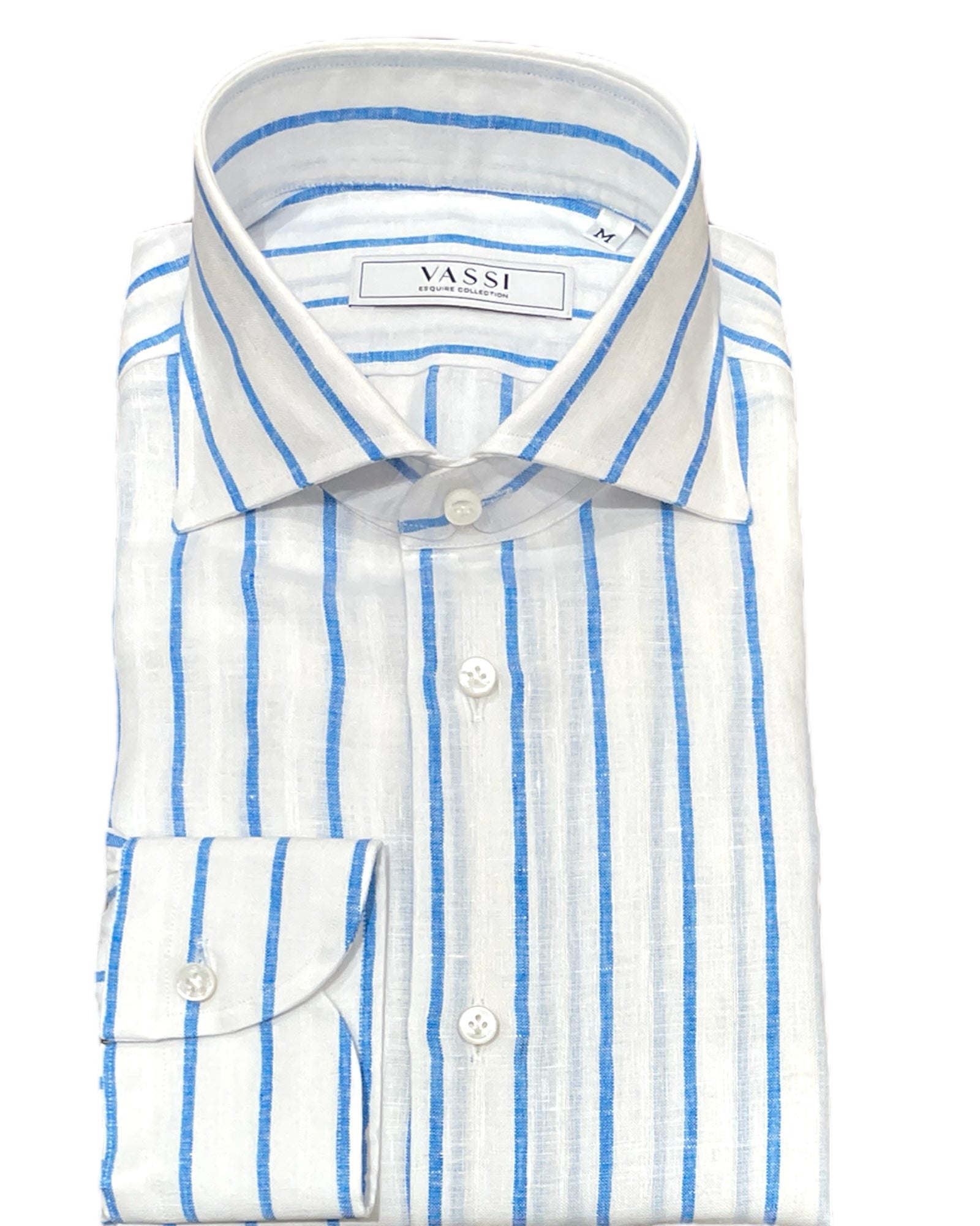 Copy of White Linen Sport Shirt with Bold Blue Stripes SPORT SHIRTSM