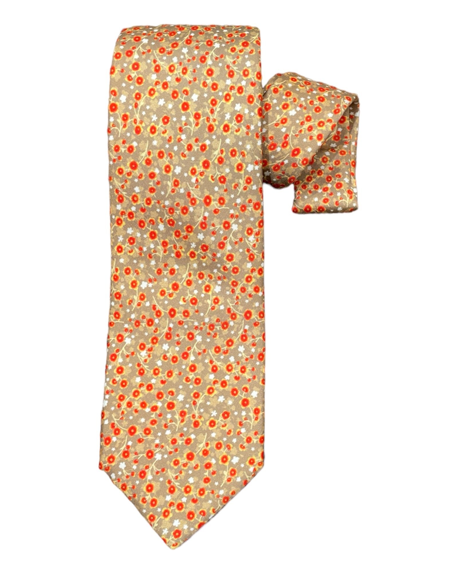 Floral Print 7F Silk Tie - Taupe/Red - VASSI