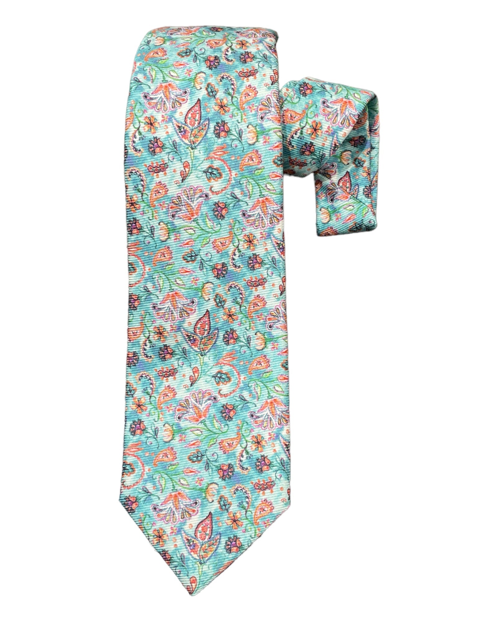 Floral Print 7F Silk Tie - Teal/Salmon - VASSI