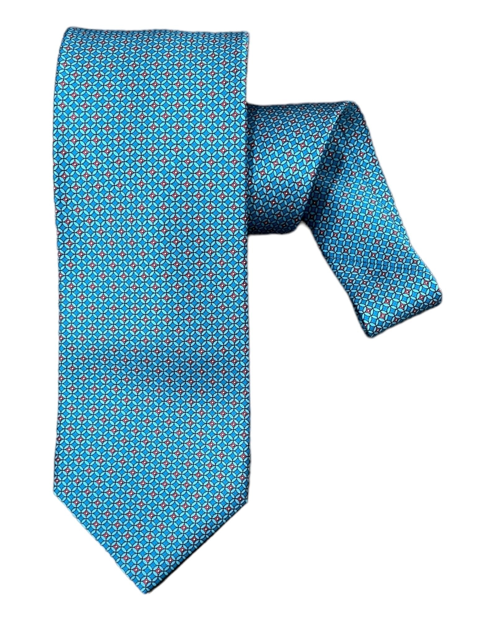 Geometric Pattern Seven-Fold Silk Ties - Teal - VASSI