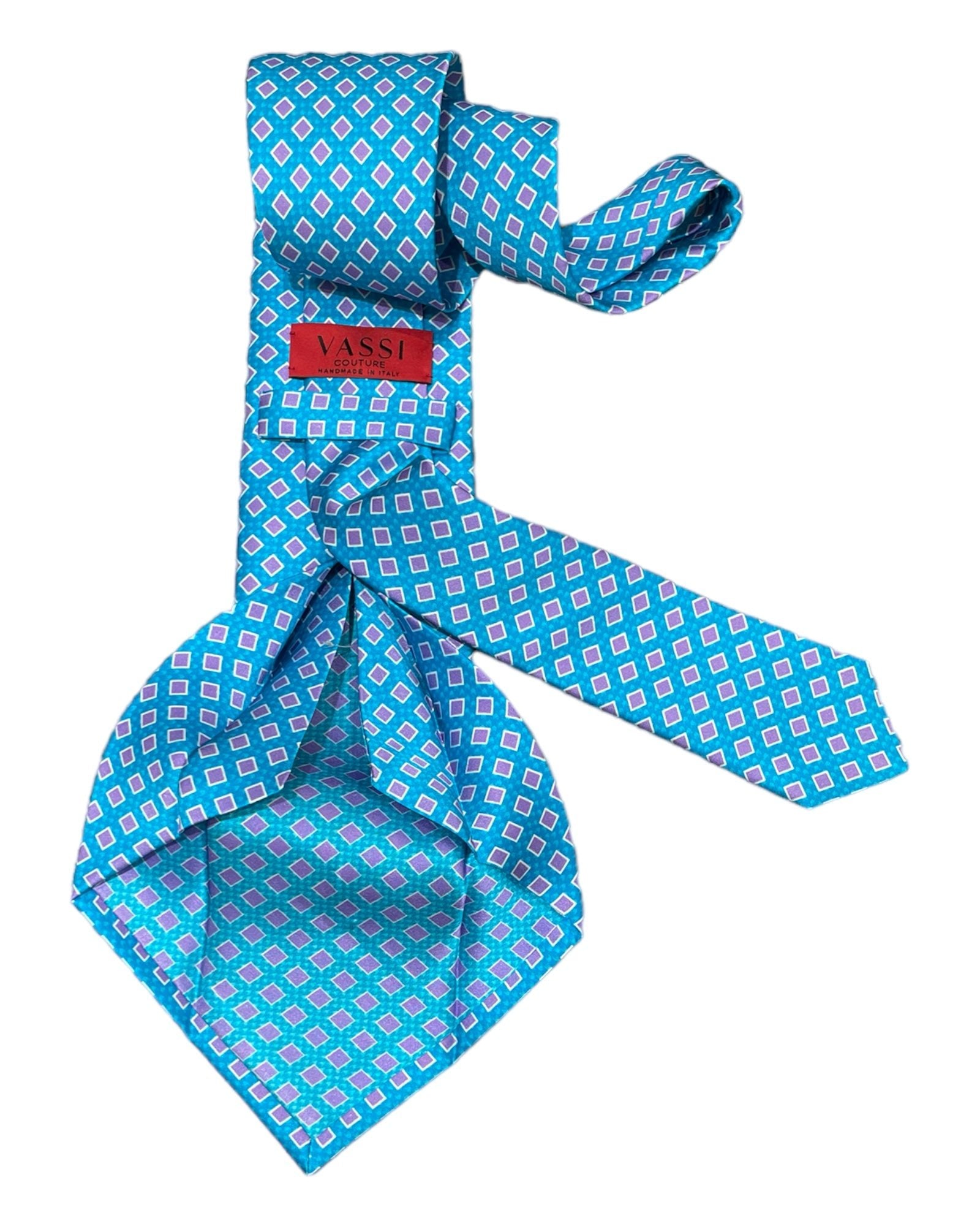 Geometric Print Seven-Fold Silk Ties - Blue & Lilac TIES