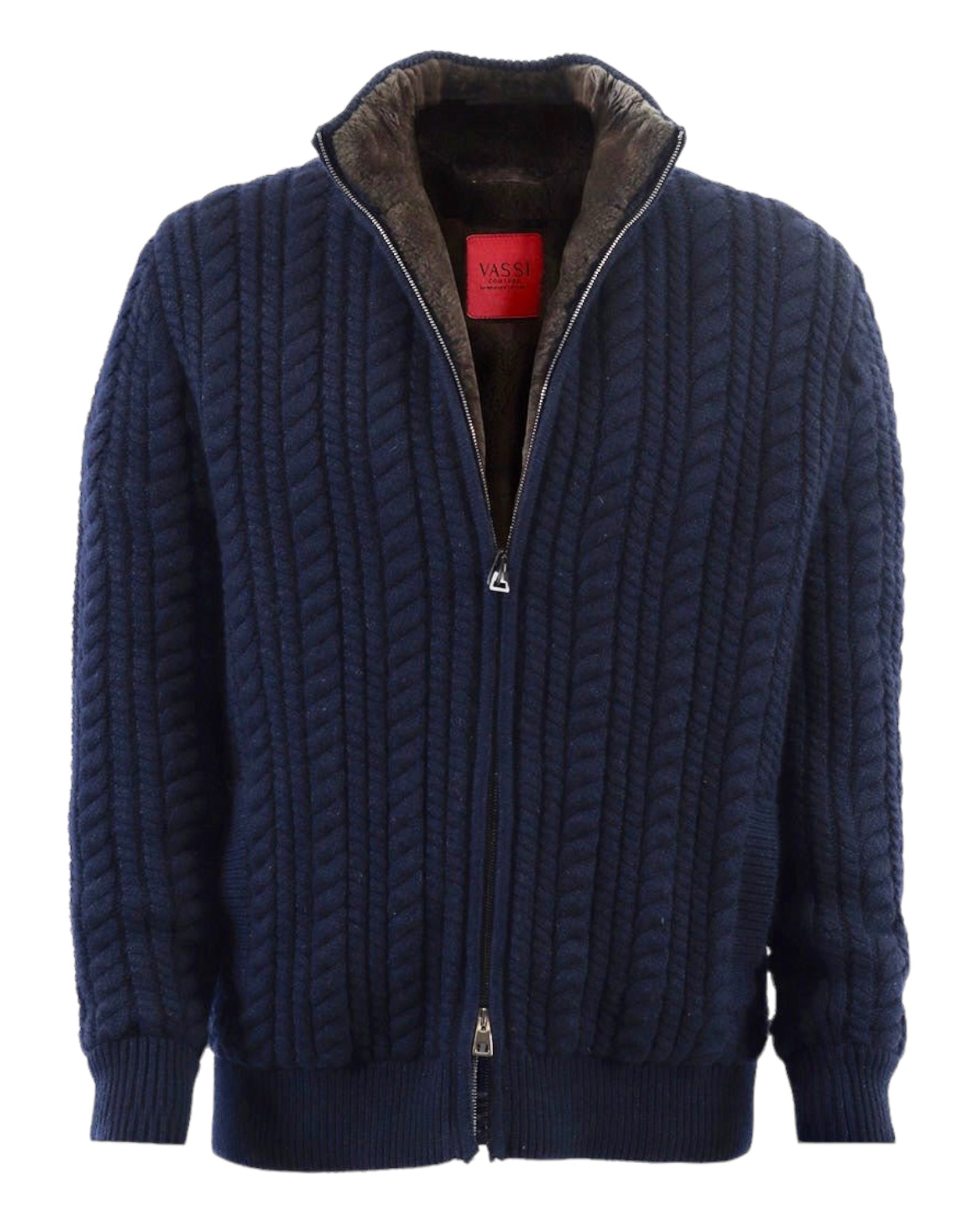 Knitted Cashmere Cardigan with Nutria Lining - Navy - VASSI