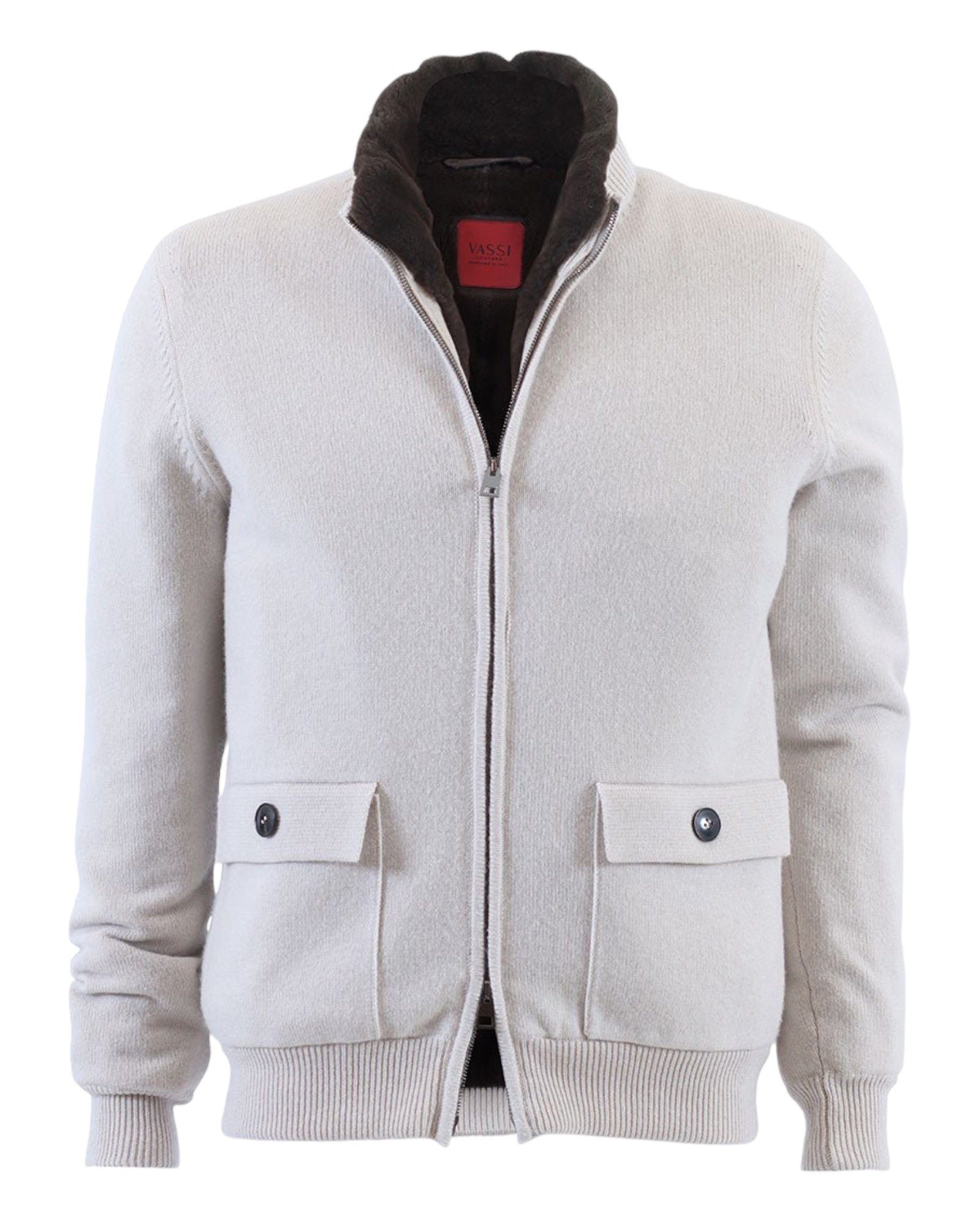Knitted Cashmere Cardigan with Nutria Lining - Winter white - VASSI