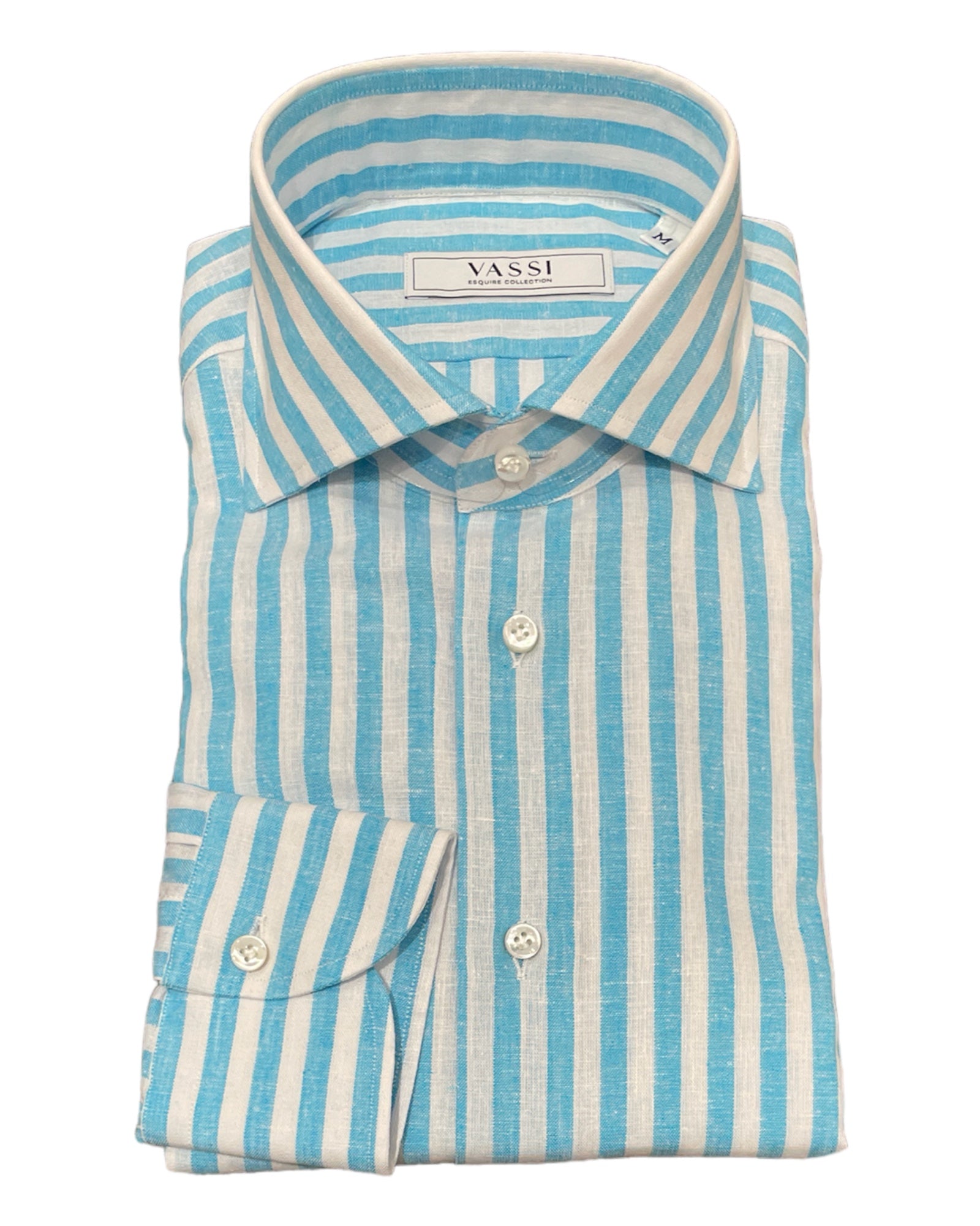 Linen & Cotton Wide Stripes Sport Shirt - Aqua/White SPORT SHIRTSM