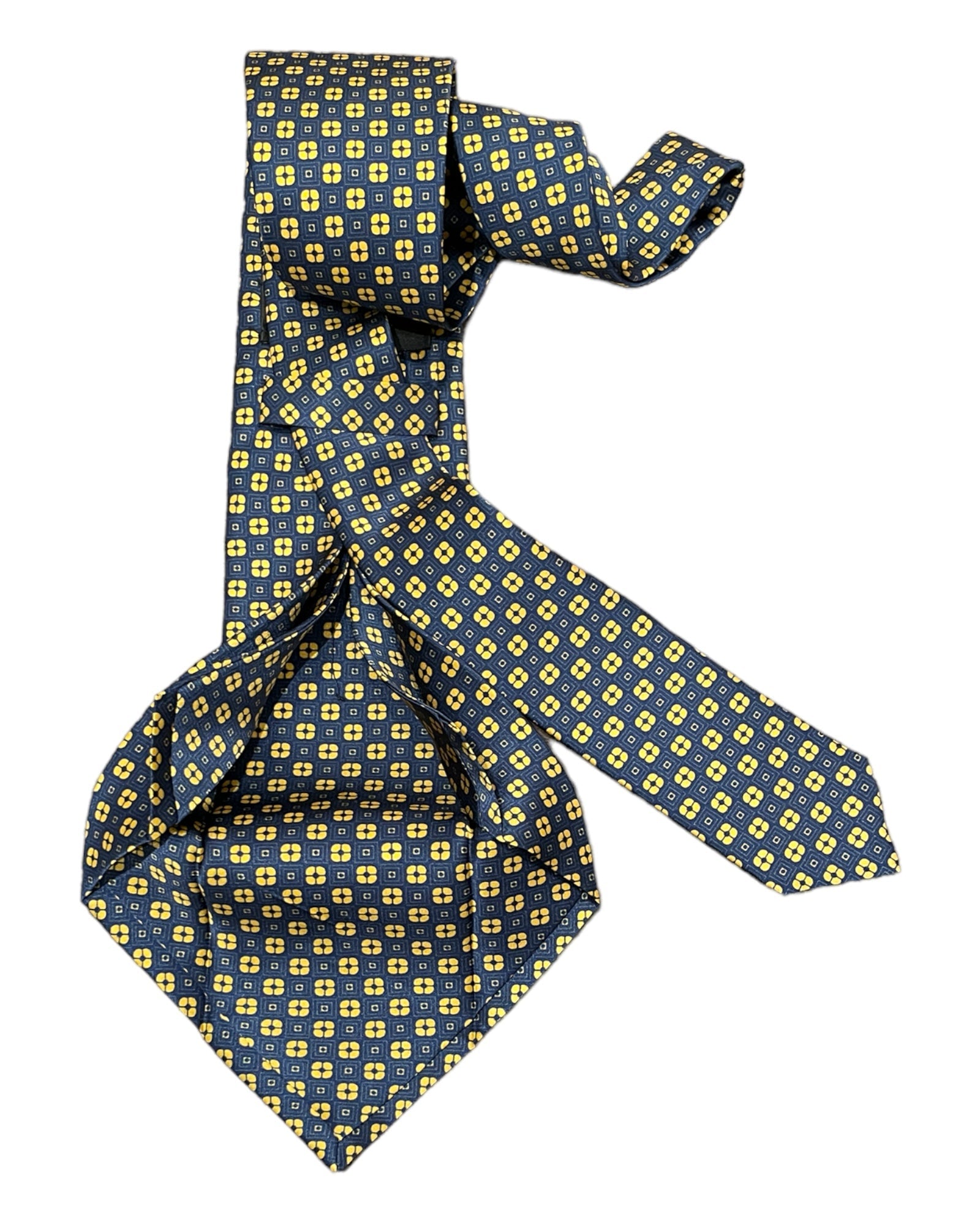 Navy &amp; Gold Floral Medallion Print Seven-Fold Silk Tie - VASSI