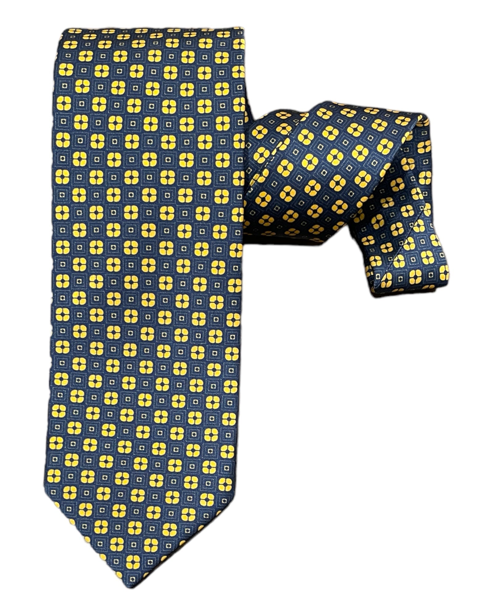 Navy &amp; Gold Floral Medallion Print Seven-Fold Silk Tie - VASSI