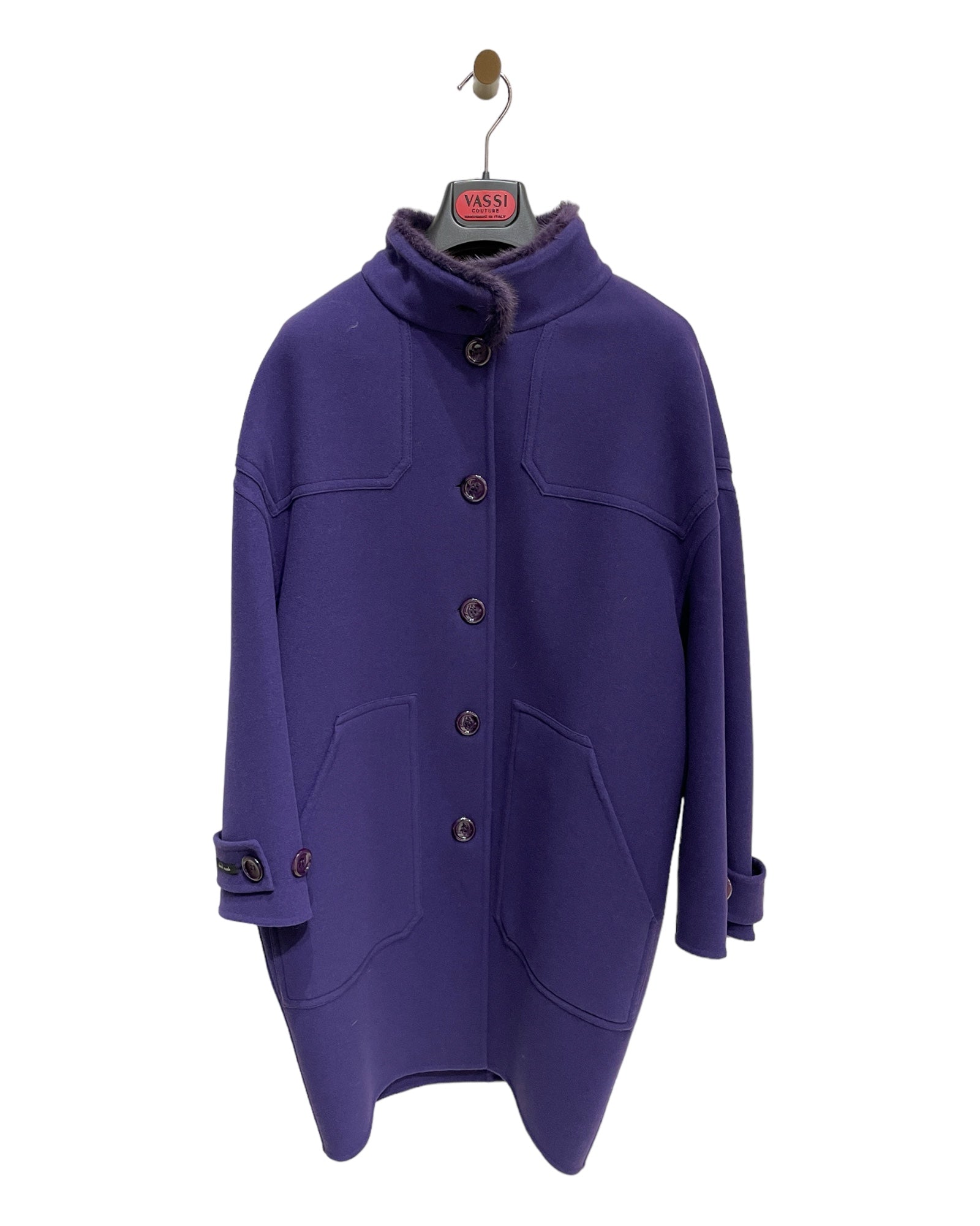 Oversized Velour Cashmere Ladies Coat with Mink Collar- Violet - VASSI