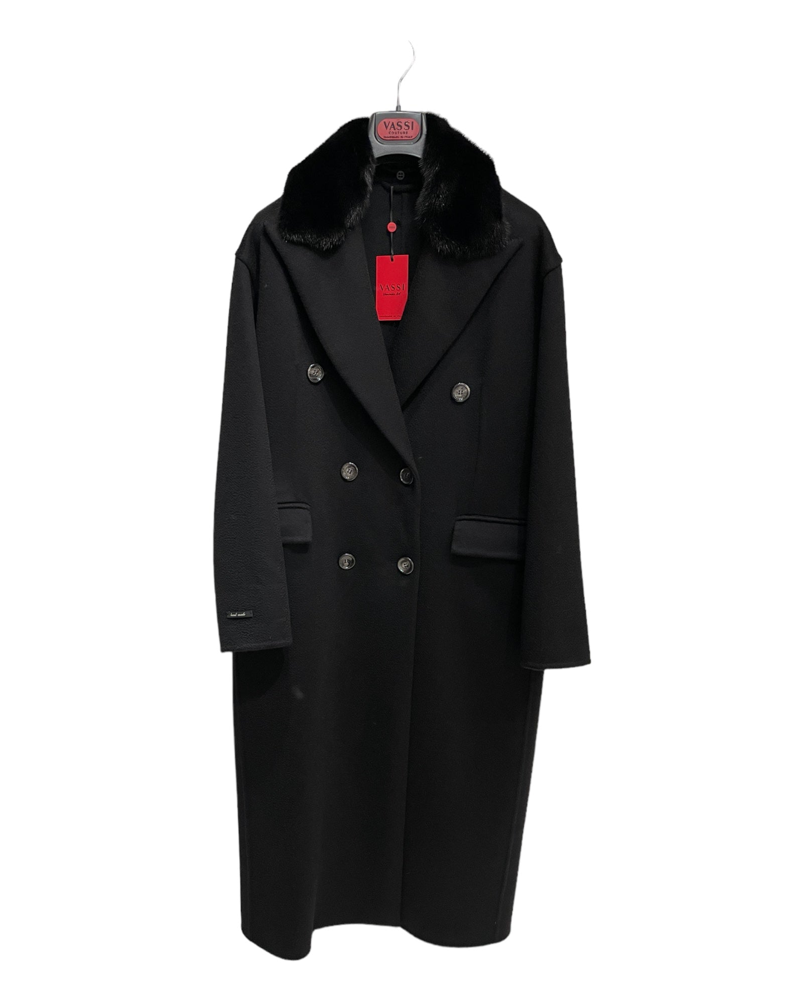 Pure Cashmere Double-Breasted Coat with Removable Mink Collar -Black - VASSI