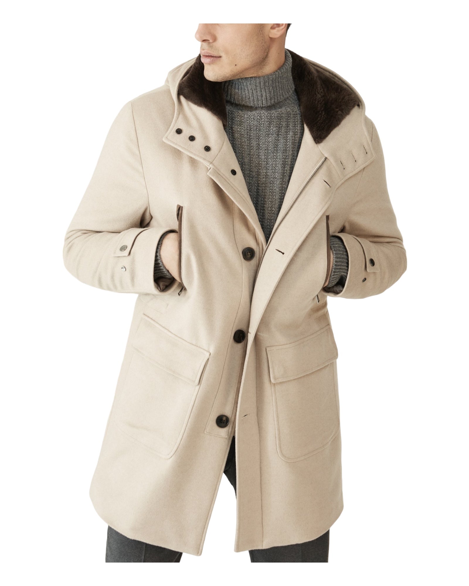 Pure Cashmere Parka with Nutria Lining - Beige OUTERWEAR56