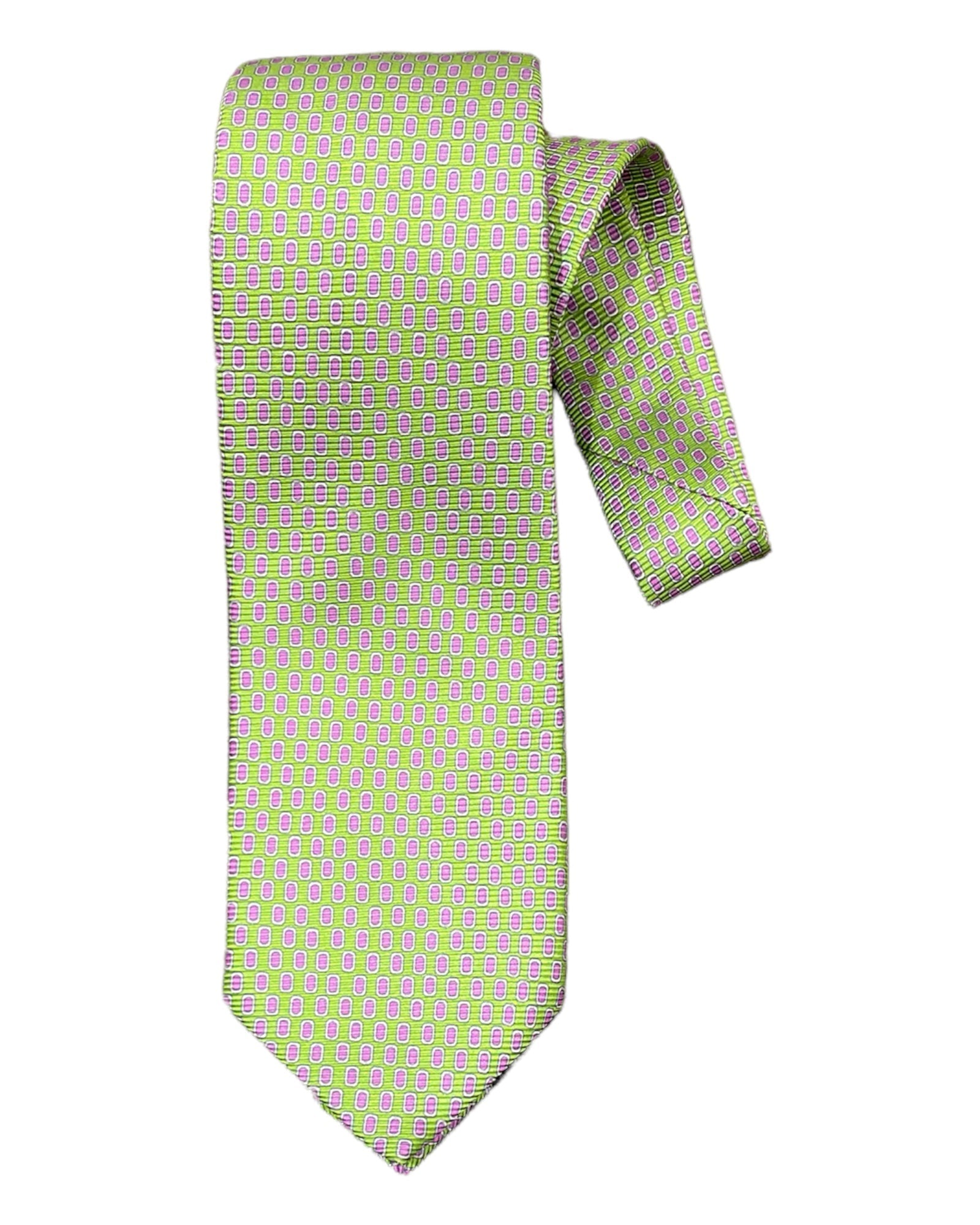 Seven-Fold Silk Tie-Green With Lavender Squares - VASSI