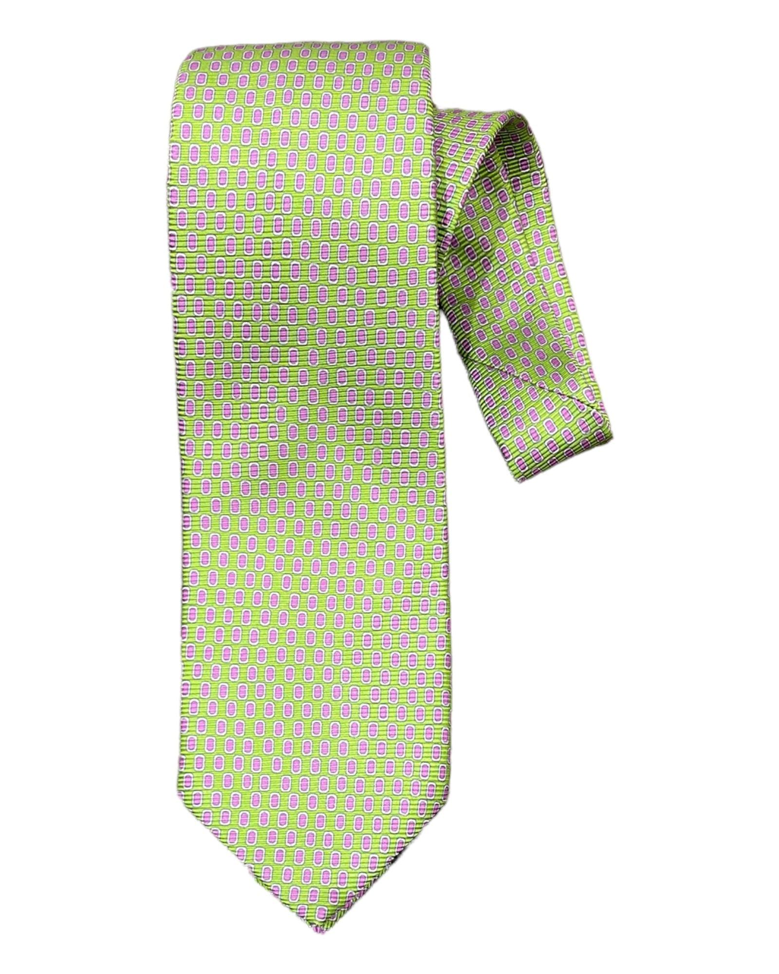 Seven-Fold Silk Tie - Green With Lavender Squares TIES