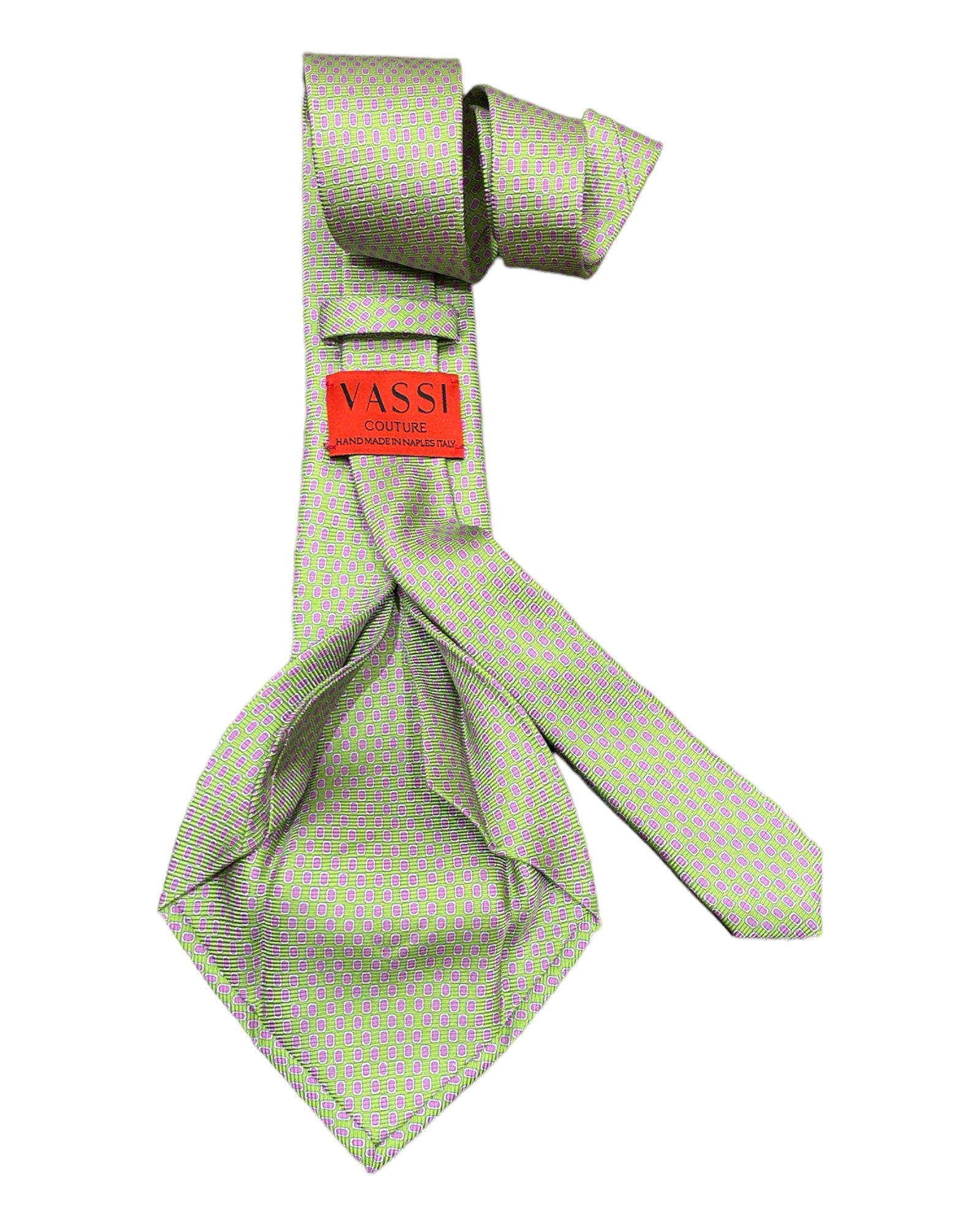 Seven-Fold Silk Tie-Green With Lavender Squares - VASSI