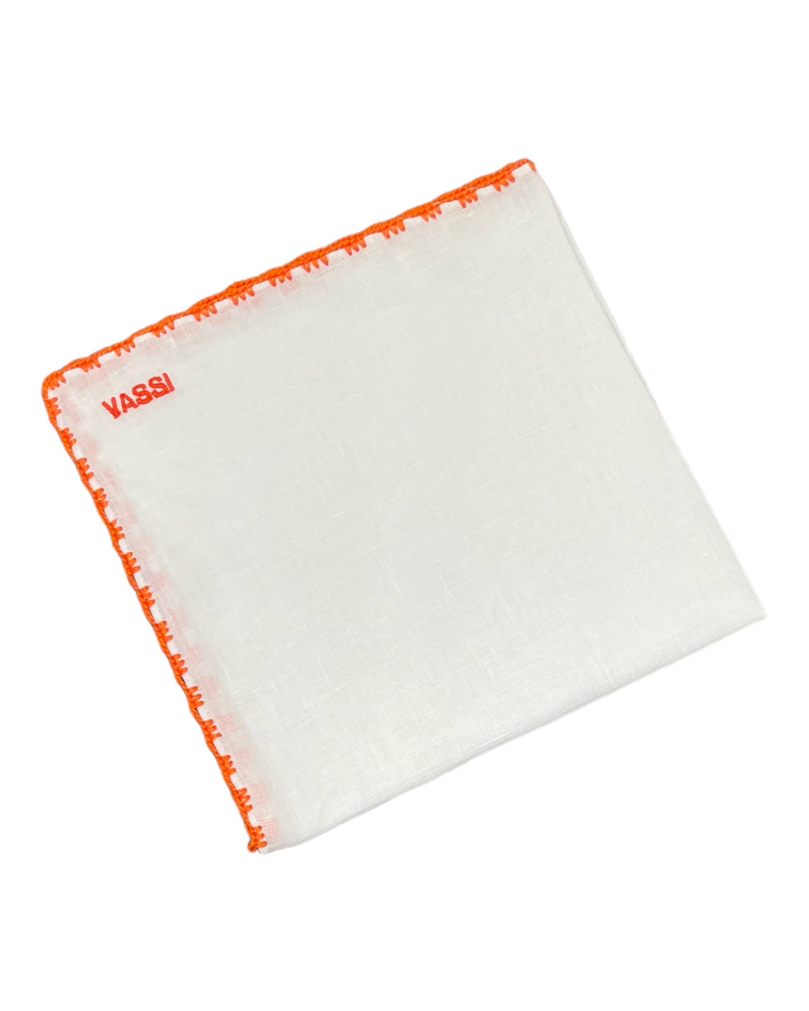 White Linen Pocket Square With Handrolled Triple V- Stitch Pocket SquareOrange