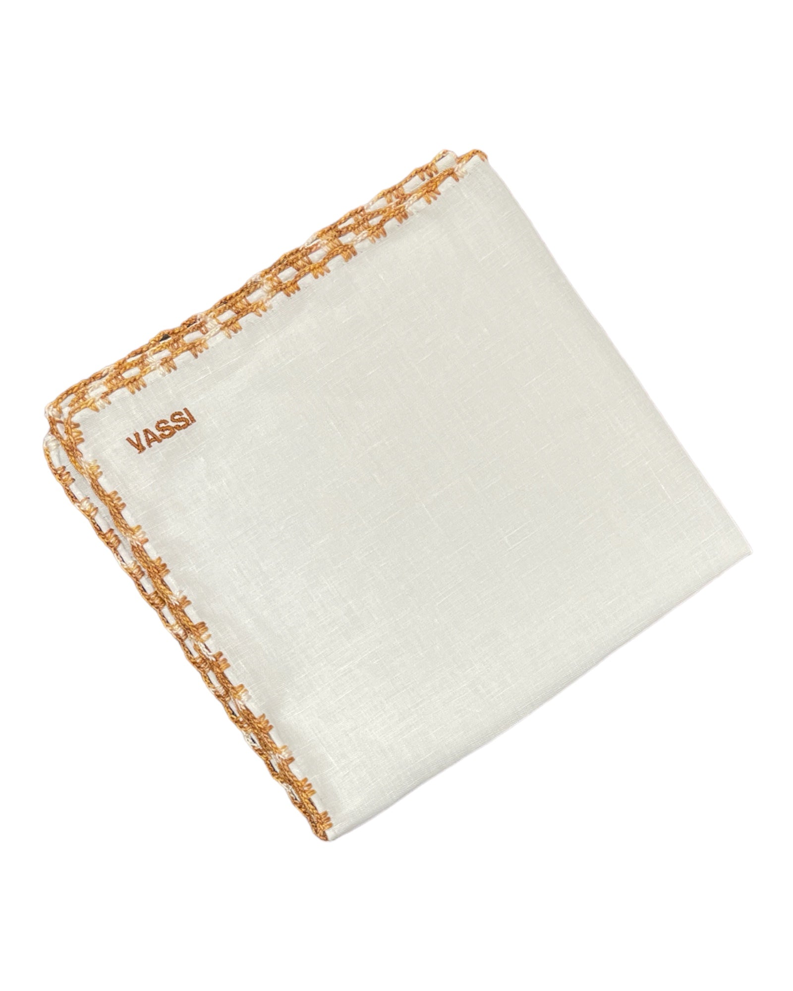 White Linen Pocket Square With Handrolled Triple V- Stitch Pocket SquareCaramel-White