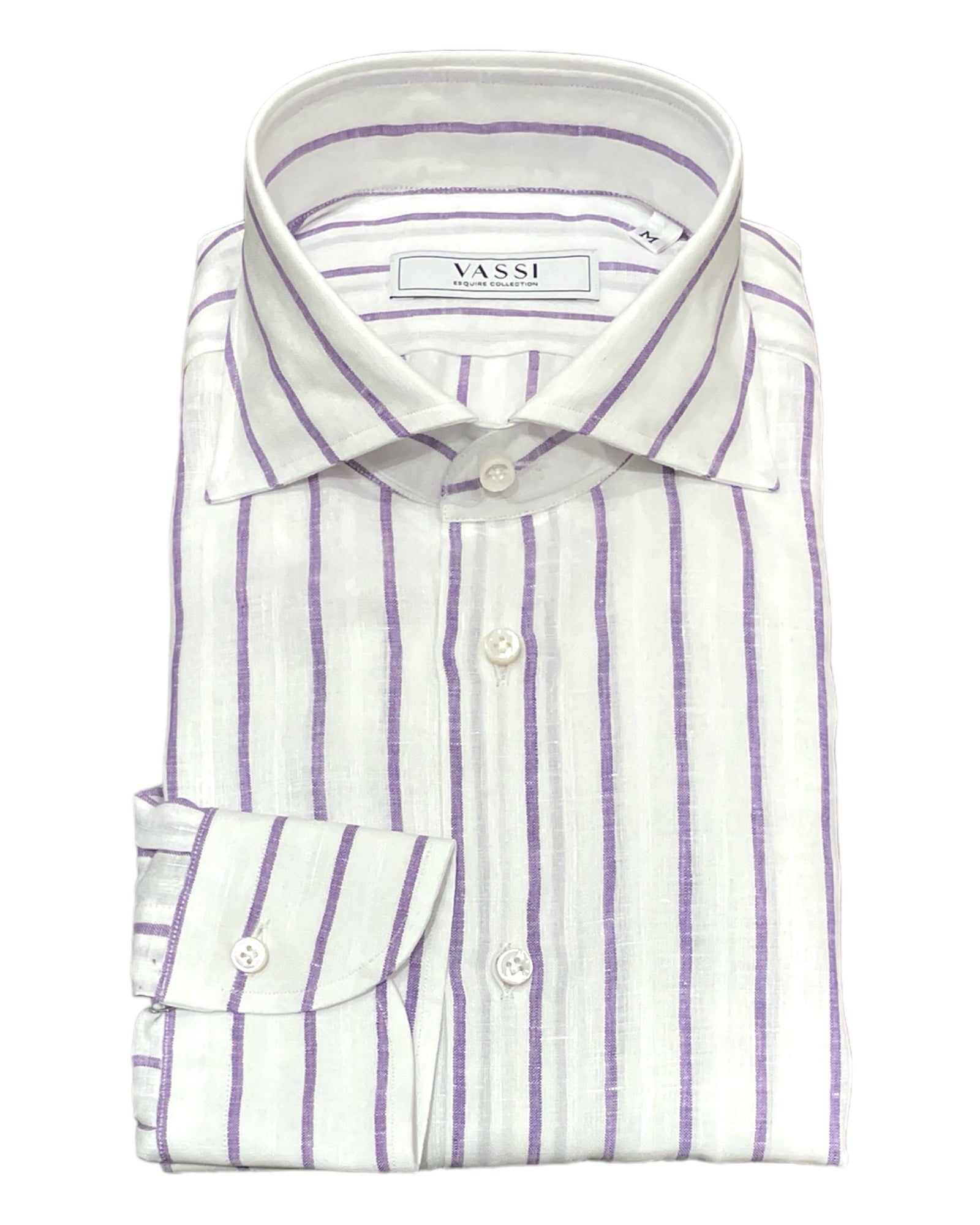 White Linen Sport Shirt with Bold Purple Stripes SPORT SHIRTSM