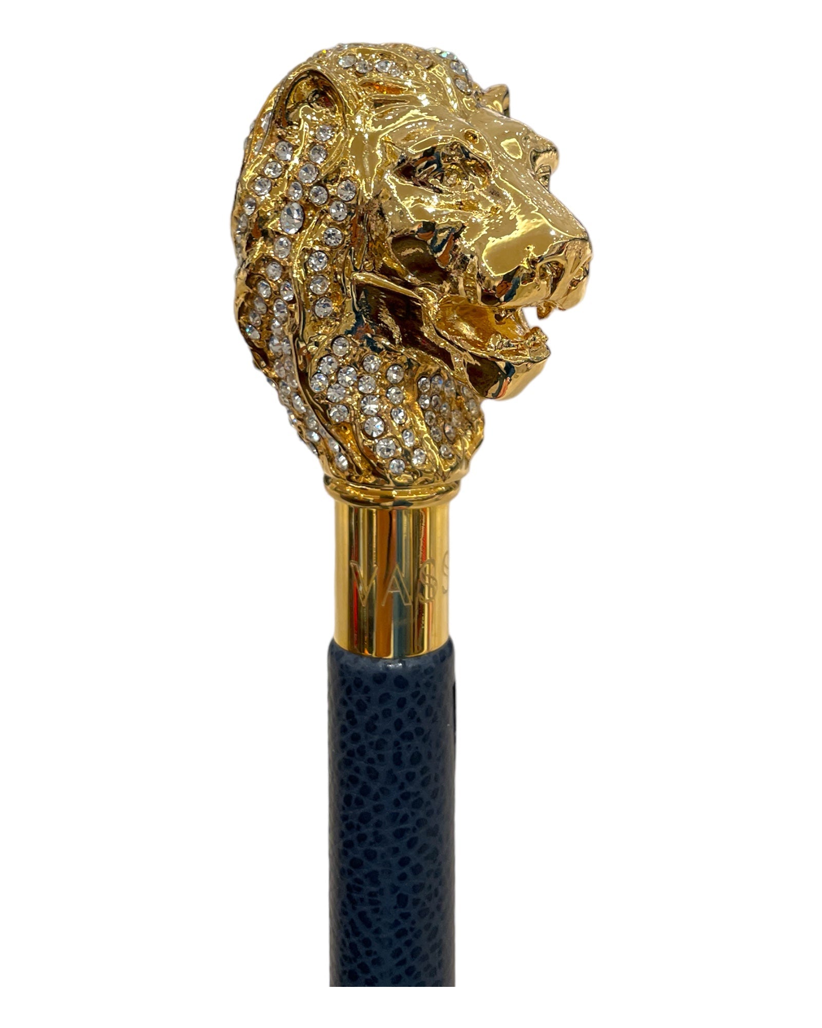 White Swarovski/Golden Lion Long Shoehorn - Blue Leather Shaft,Gold Stitches - VASSI
